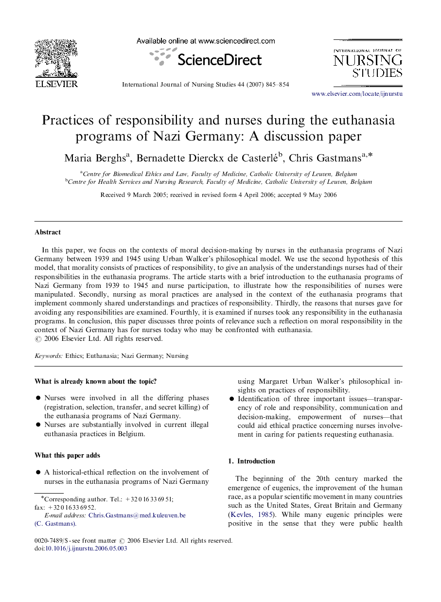 Practices of responsibility and nurses during the euthanasia programs of Nazi Germany: A discussion paper