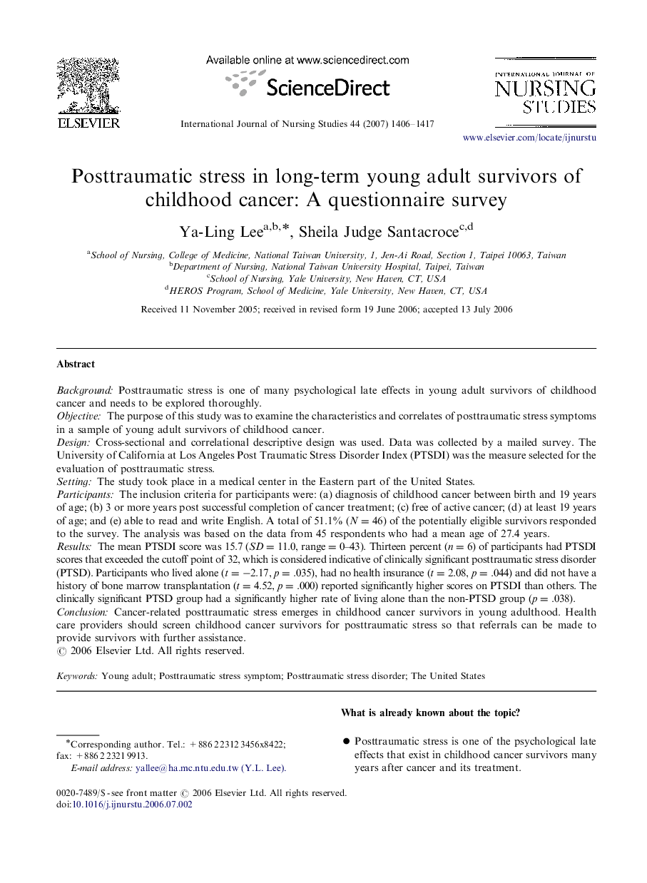 Posttraumatic stress in long-term young adult survivors of childhood cancer: A questionnaire survey