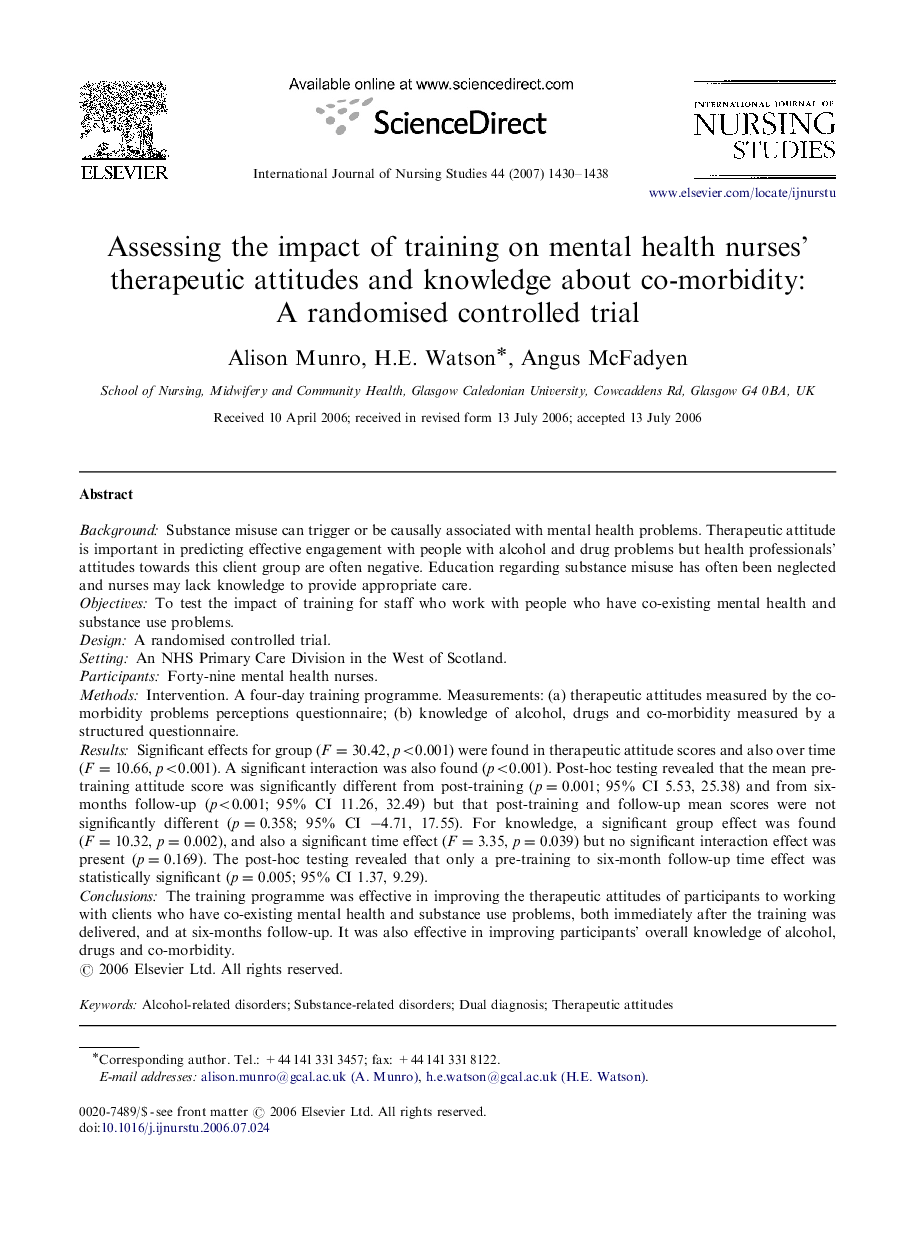 Assessing the impact of training on mental health nurses’ therapeutic attitudes and knowledge about co-morbidity: A randomised controlled trial