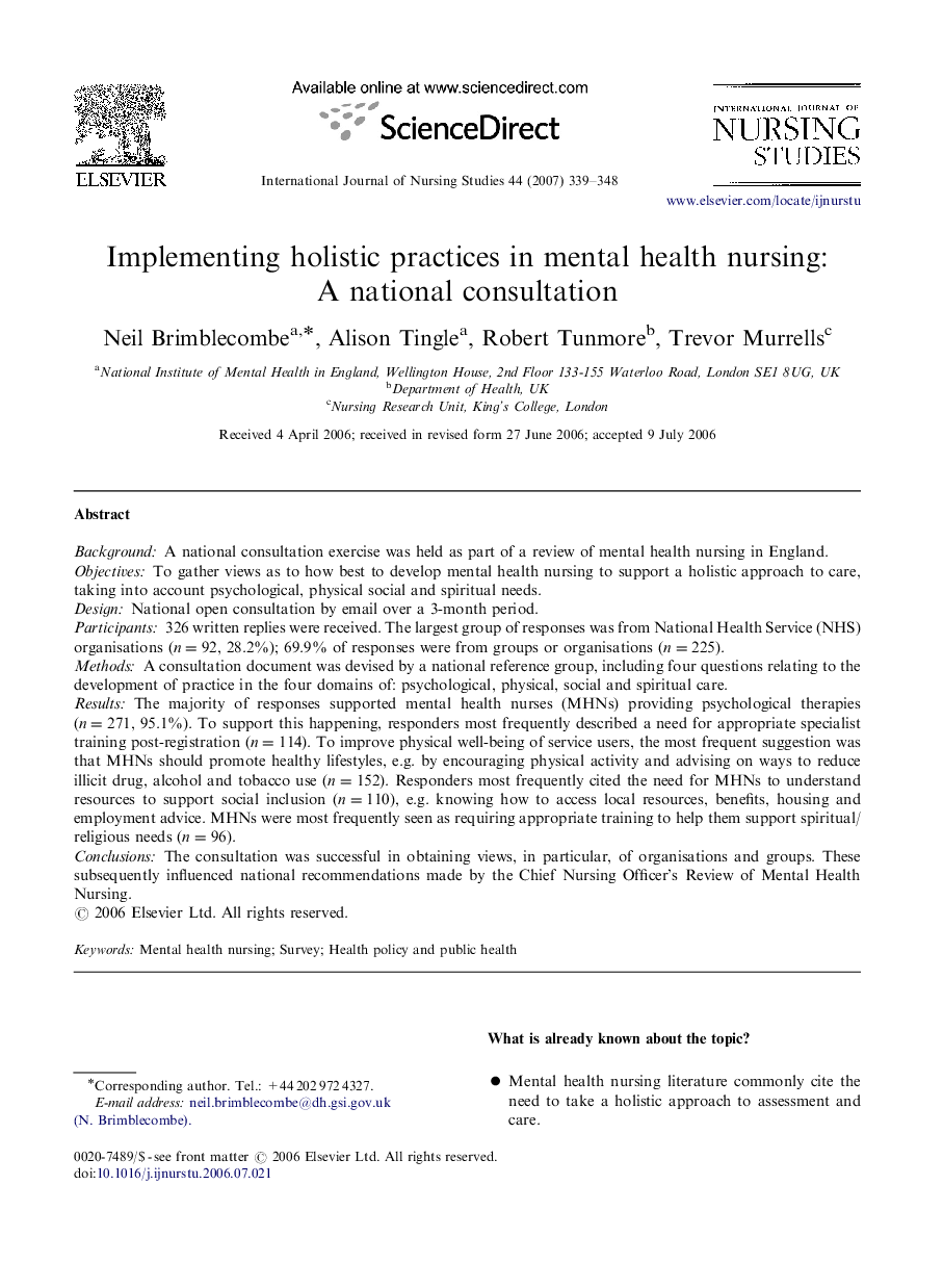 Implementing holistic practices in mental health nursing: A national consultation