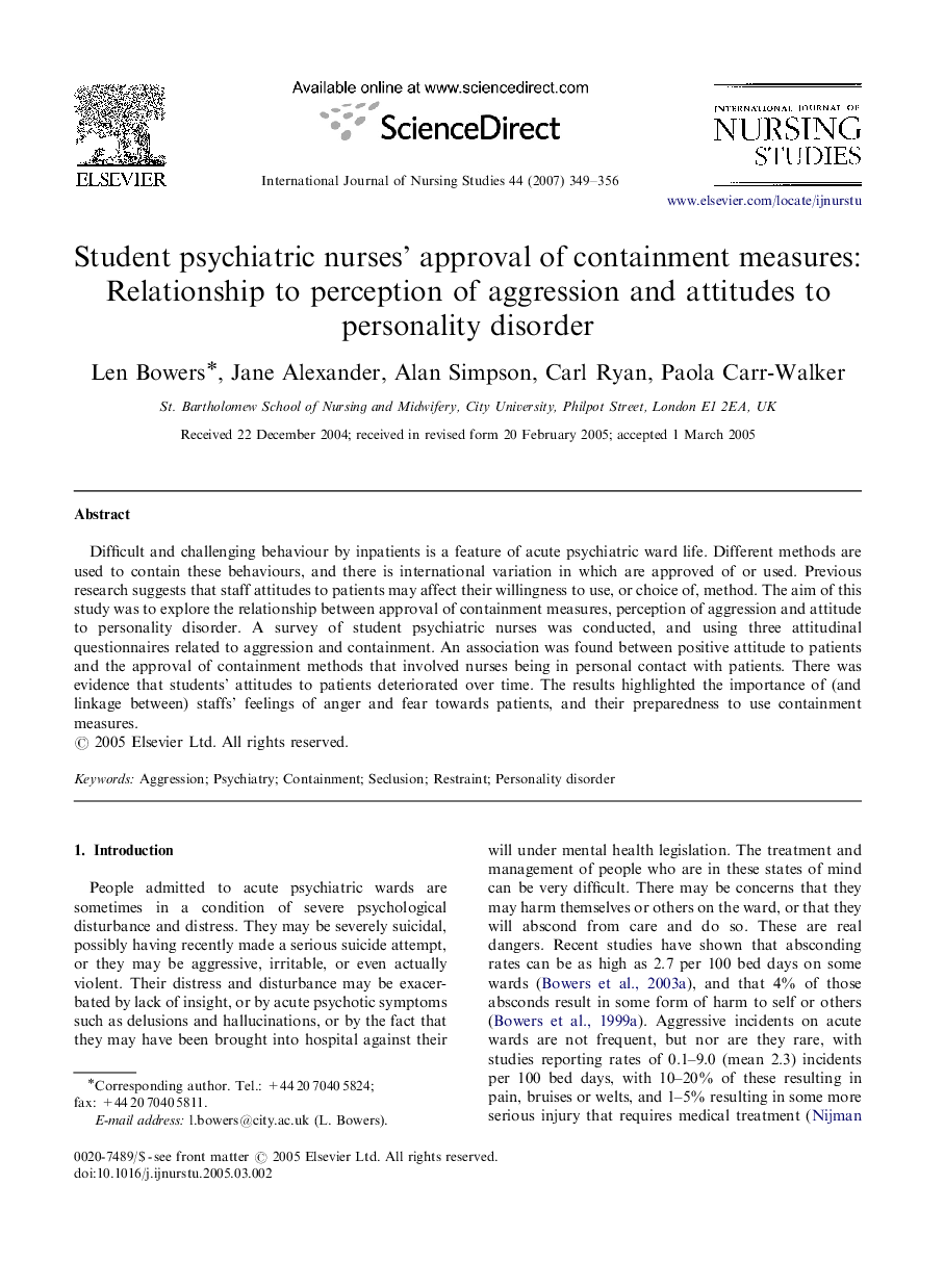 Student psychiatric nurses’ approval of containment measures: Relationship to perception of aggression and attitudes to personality disorder