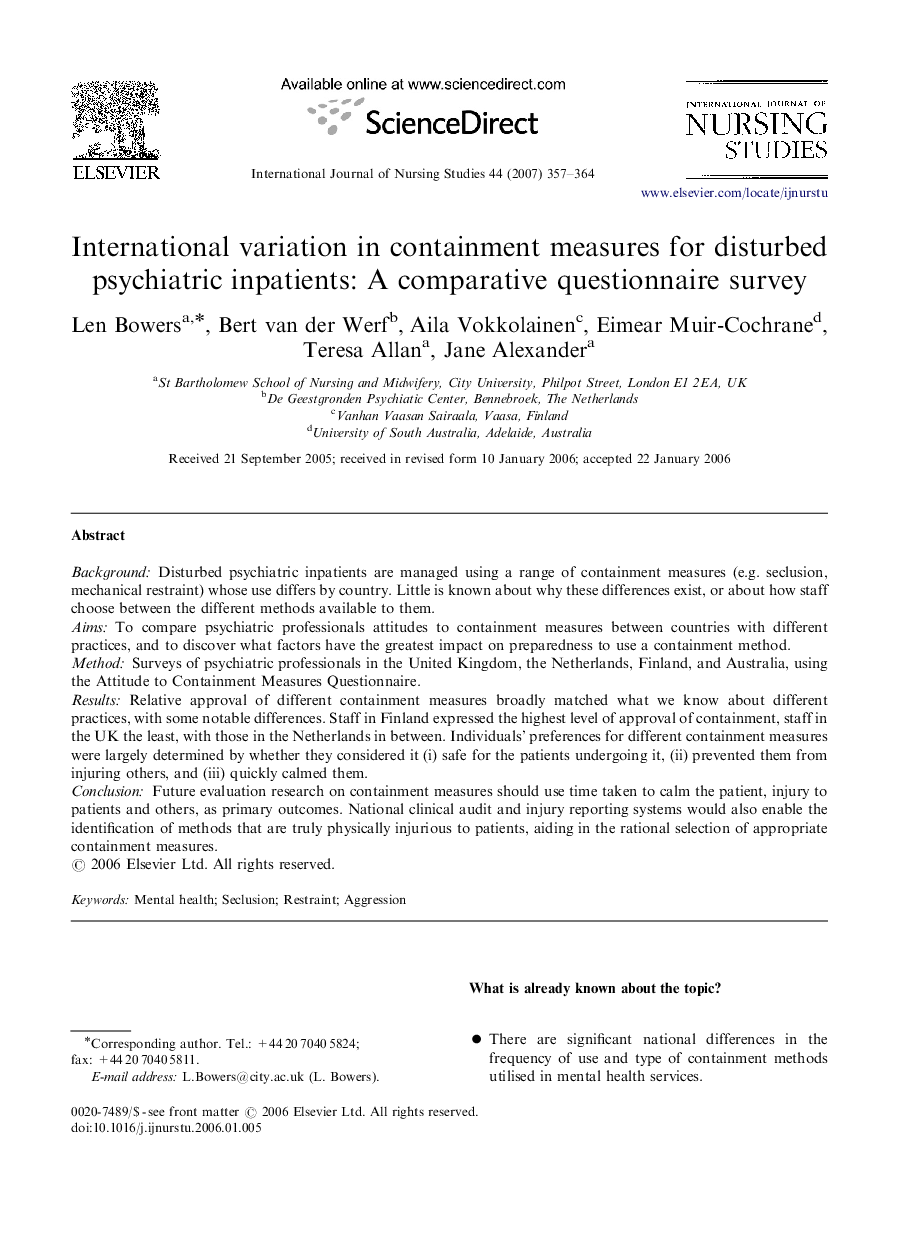 International variation in containment measures for disturbed psychiatric inpatients: A comparative questionnaire survey