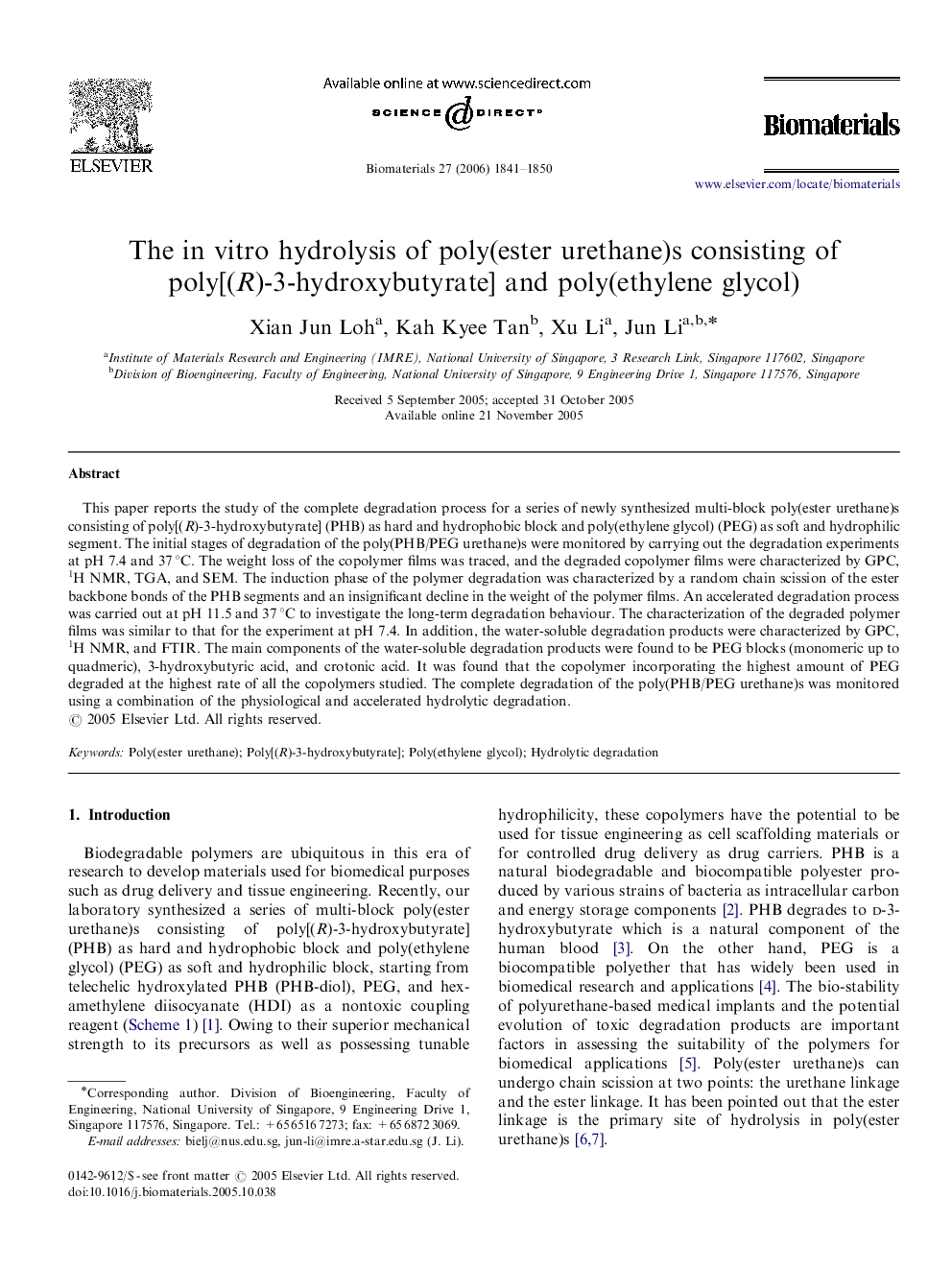 The in vitro hydrolysis of poly(ester urethane)s consisting of poly[(R)-3-hydroxybutyrate] and poly(ethylene glycol)