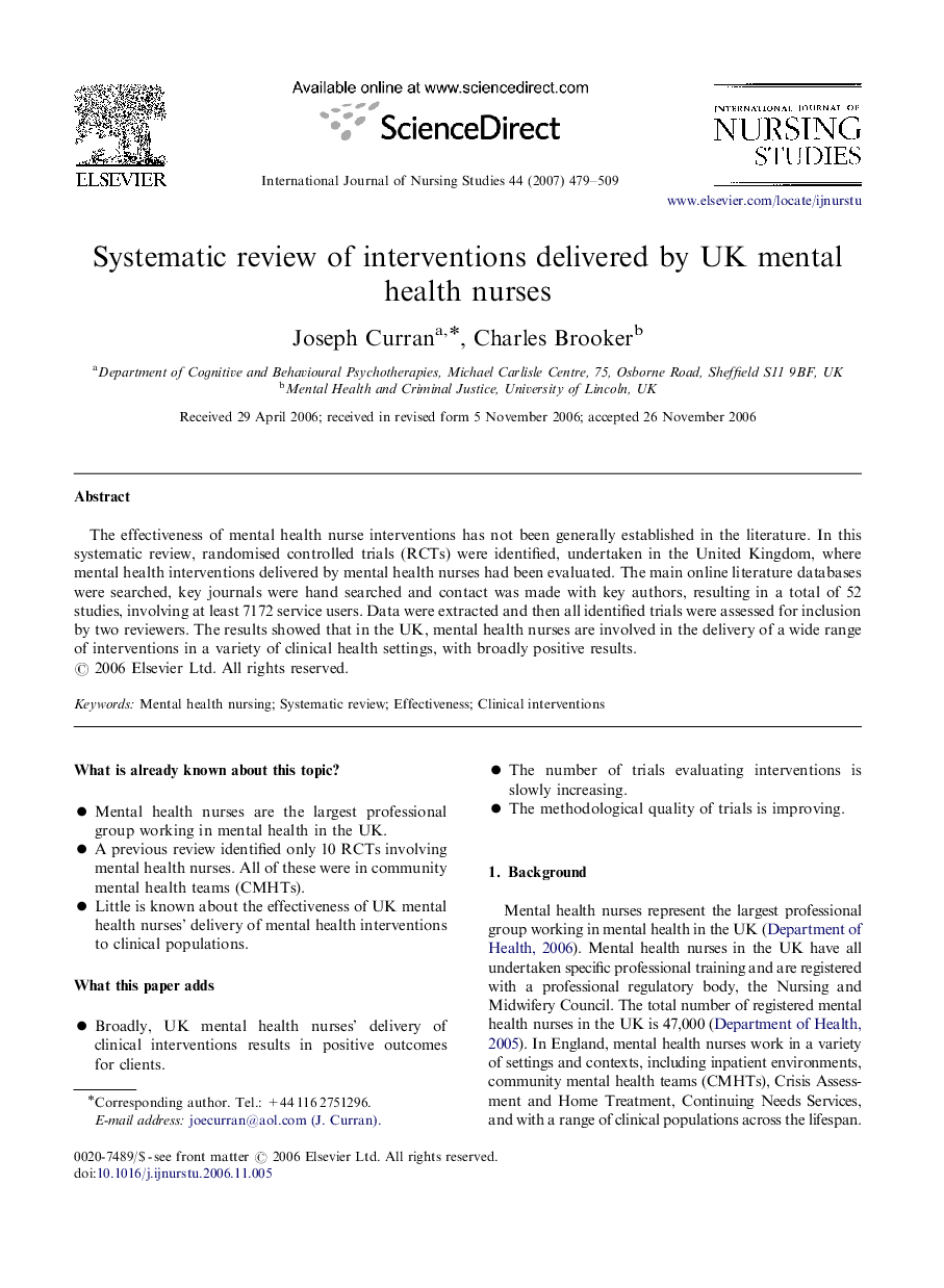 Systematic review of interventions delivered by UK mental health nurses