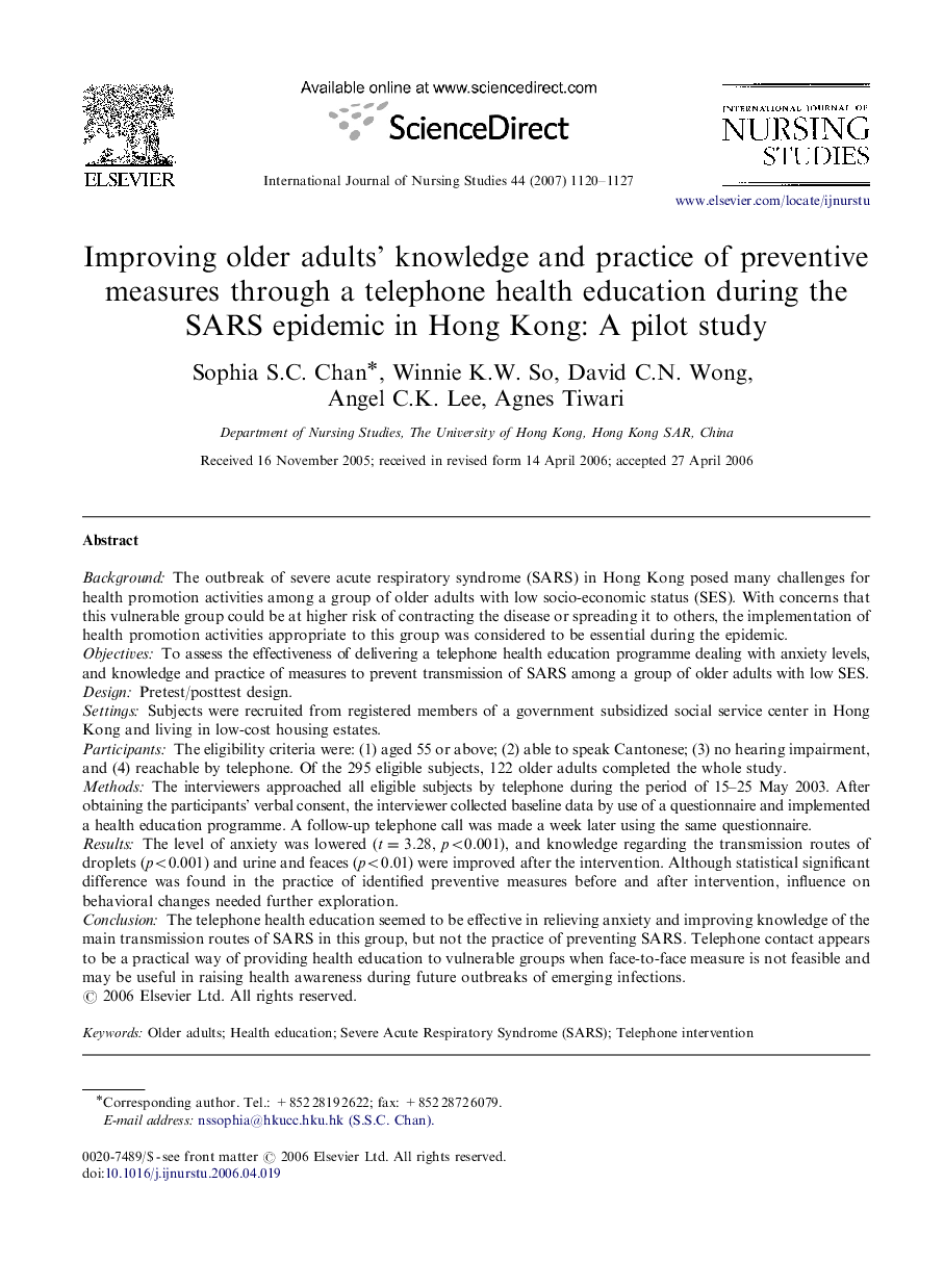 Improving older adults’ knowledge and practice of preventive measures through a telephone health education during the SARS epidemic in Hong Kong: A pilot study