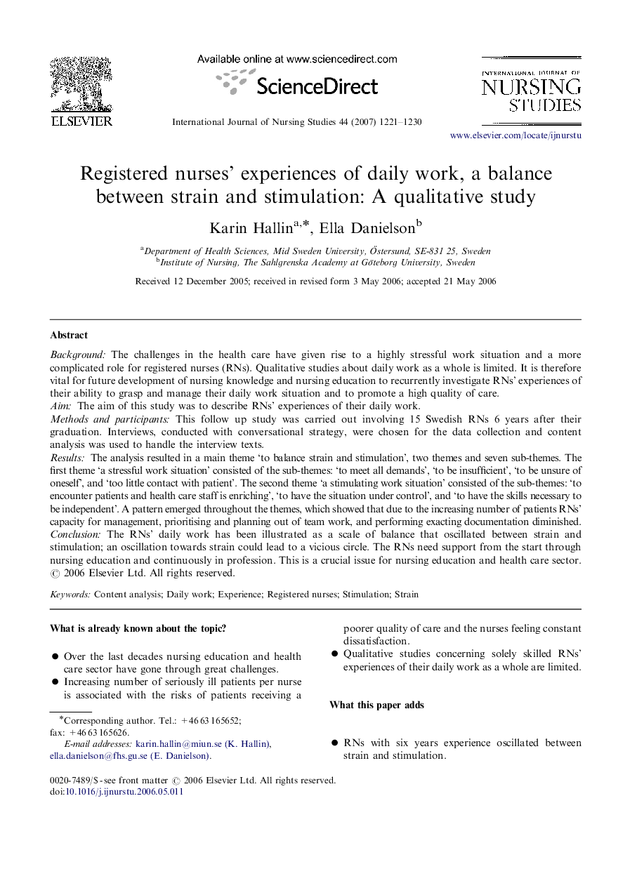 Registered nurses’ experiences of daily work, a balance between strain and stimulation: A qualitative study