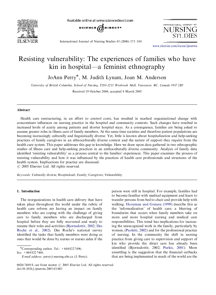 Resisting vulnerability: The experiences of families who have kin in hospital—a feminist ethnography