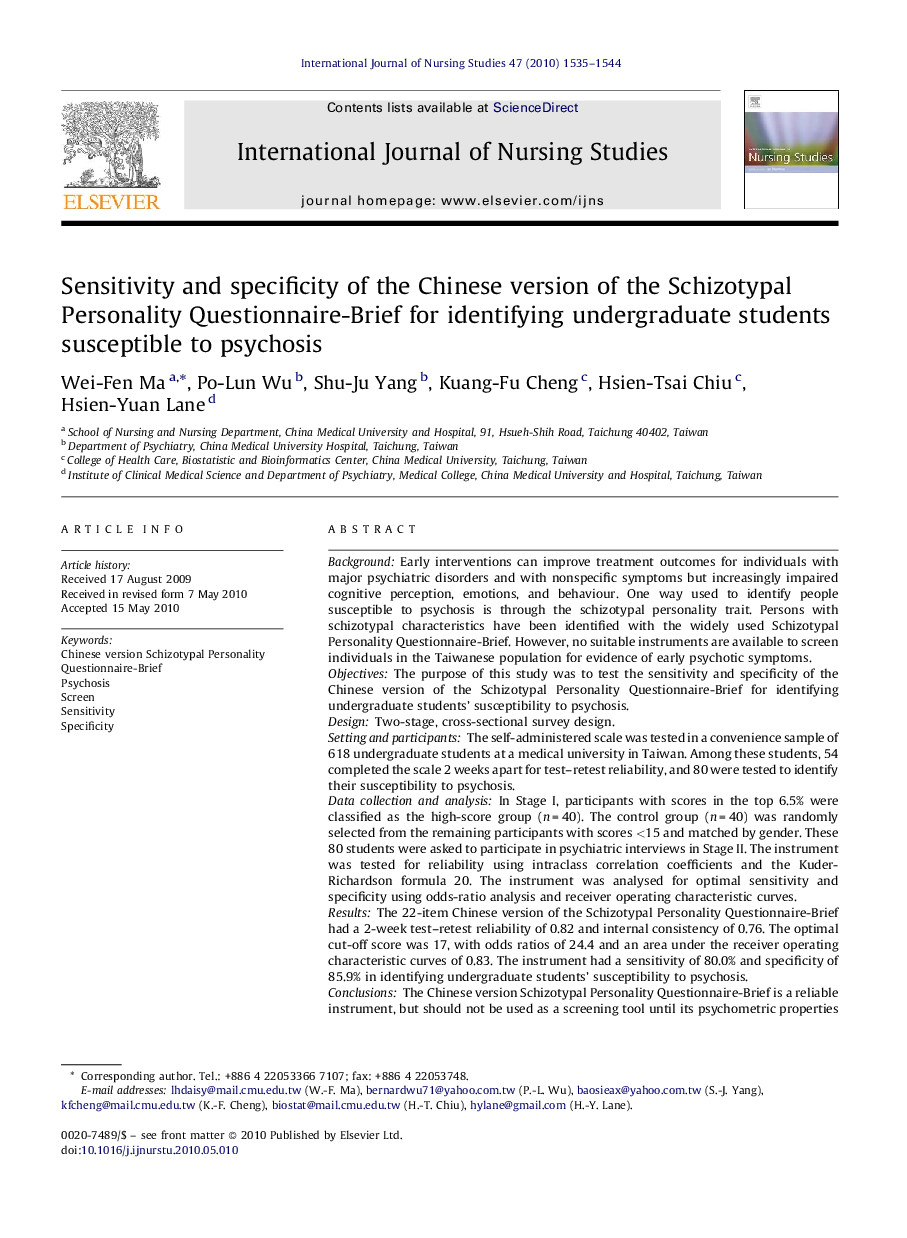 Sensitivity and specificity of the Chinese version of the Schizotypal Personality Questionnaire-Brief for identifying undergraduate students susceptible to psychosis