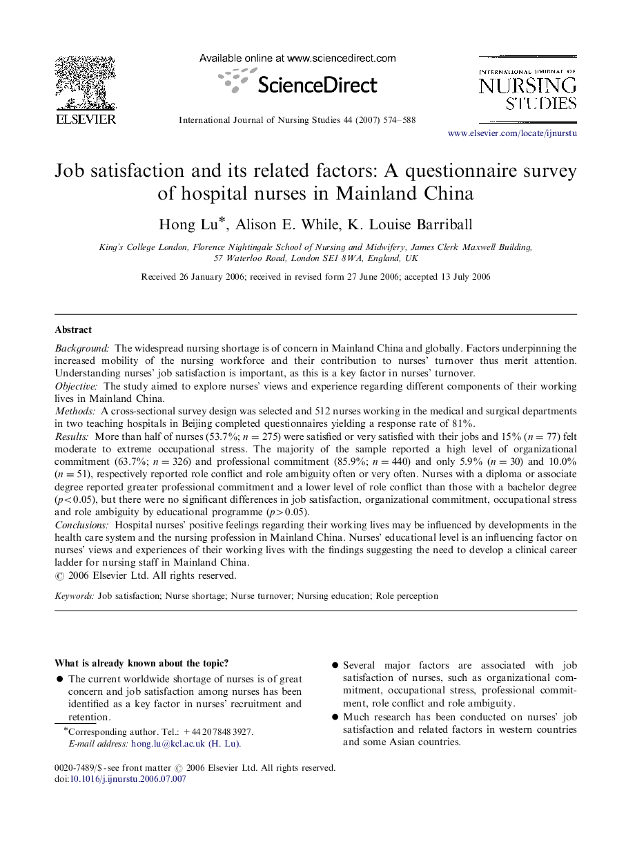 Job satisfaction and its related factors: A questionnaire survey of hospital nurses in Mainland China