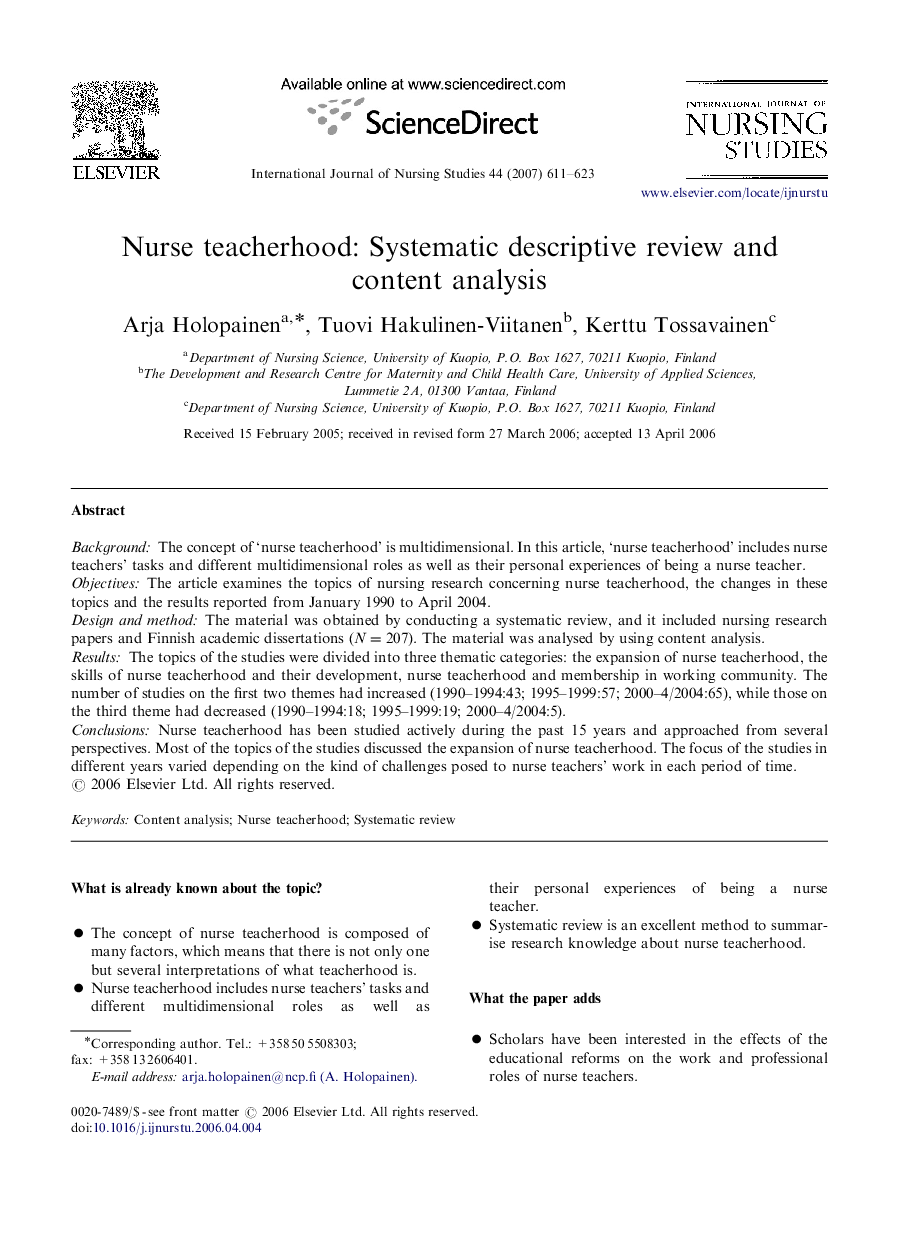 Nurse teacherhood: Systematic descriptive review and content analysis