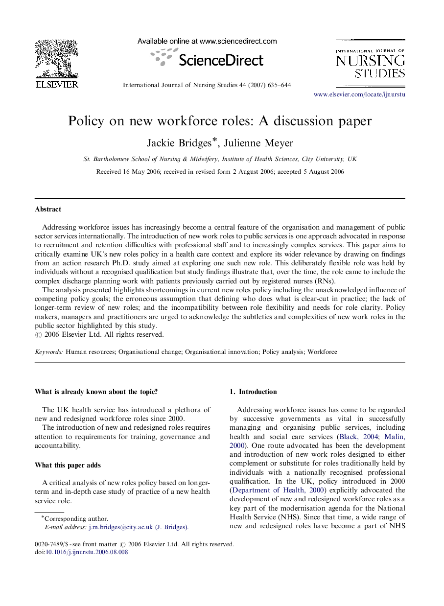 Policy on new workforce roles: A discussion paper