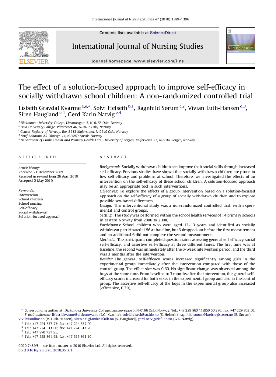 The effect of a solution-focused approach to improve self-efficacy in socially withdrawn school children: A non-randomized controlled trial