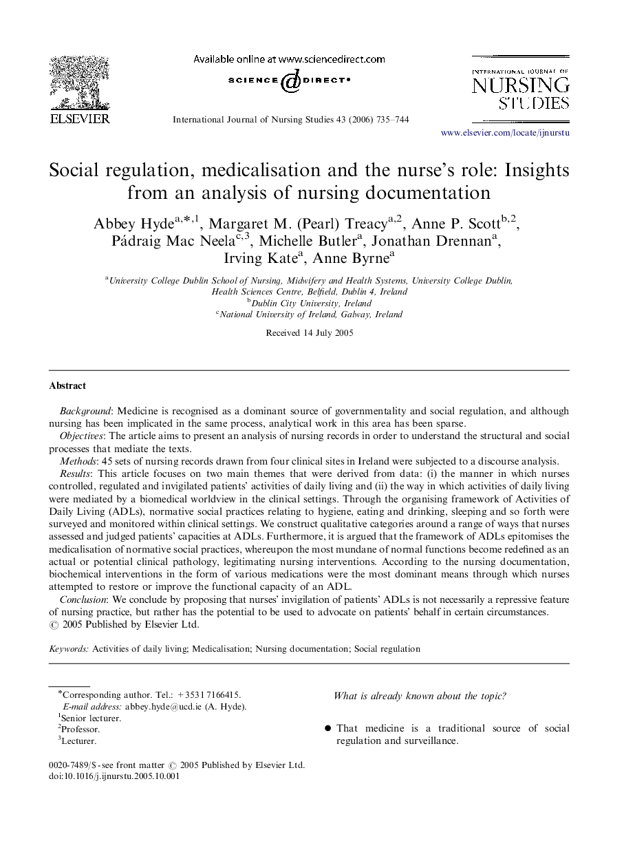 Social regulation, medicalisation and the nurse's role: Insights from an analysis of nursing documentation