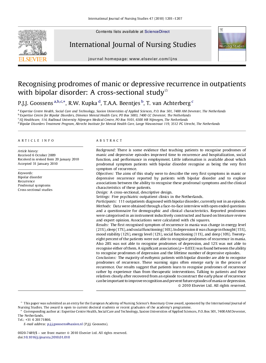 Recognising prodromes of manic or depressive recurrence in outpatients with bipolar disorder: A cross-sectional study 