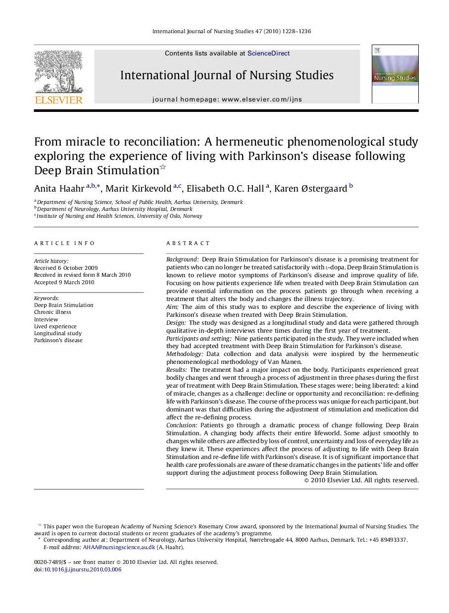 From miracle to reconciliation: A hermeneutic phenomenological study exploring the experience of living with Parkinson's disease following Deep Brain Stimulation 