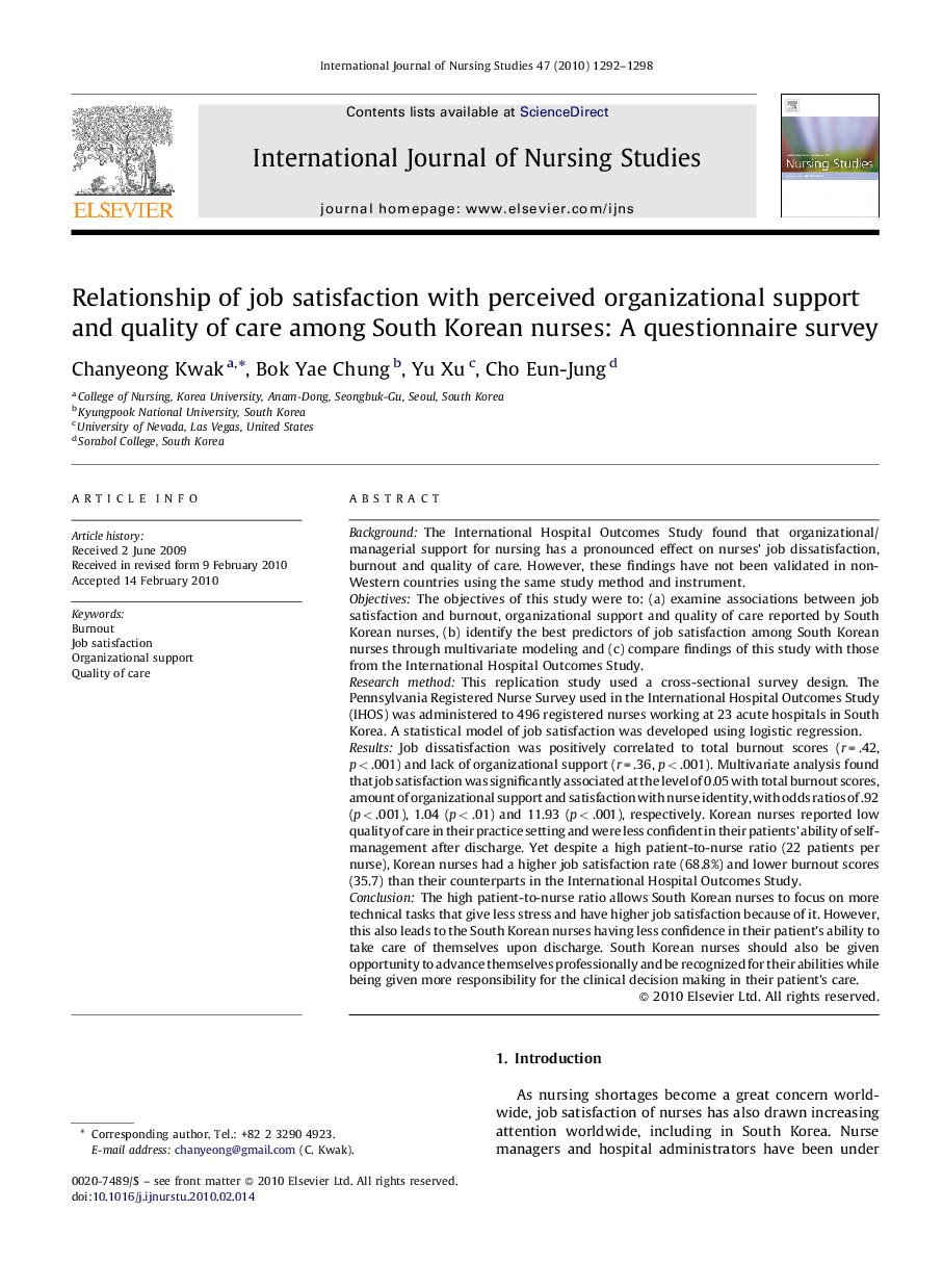 Relationship of job satisfaction with perceived organizational support and quality of care among South Korean nurses: A questionnaire survey