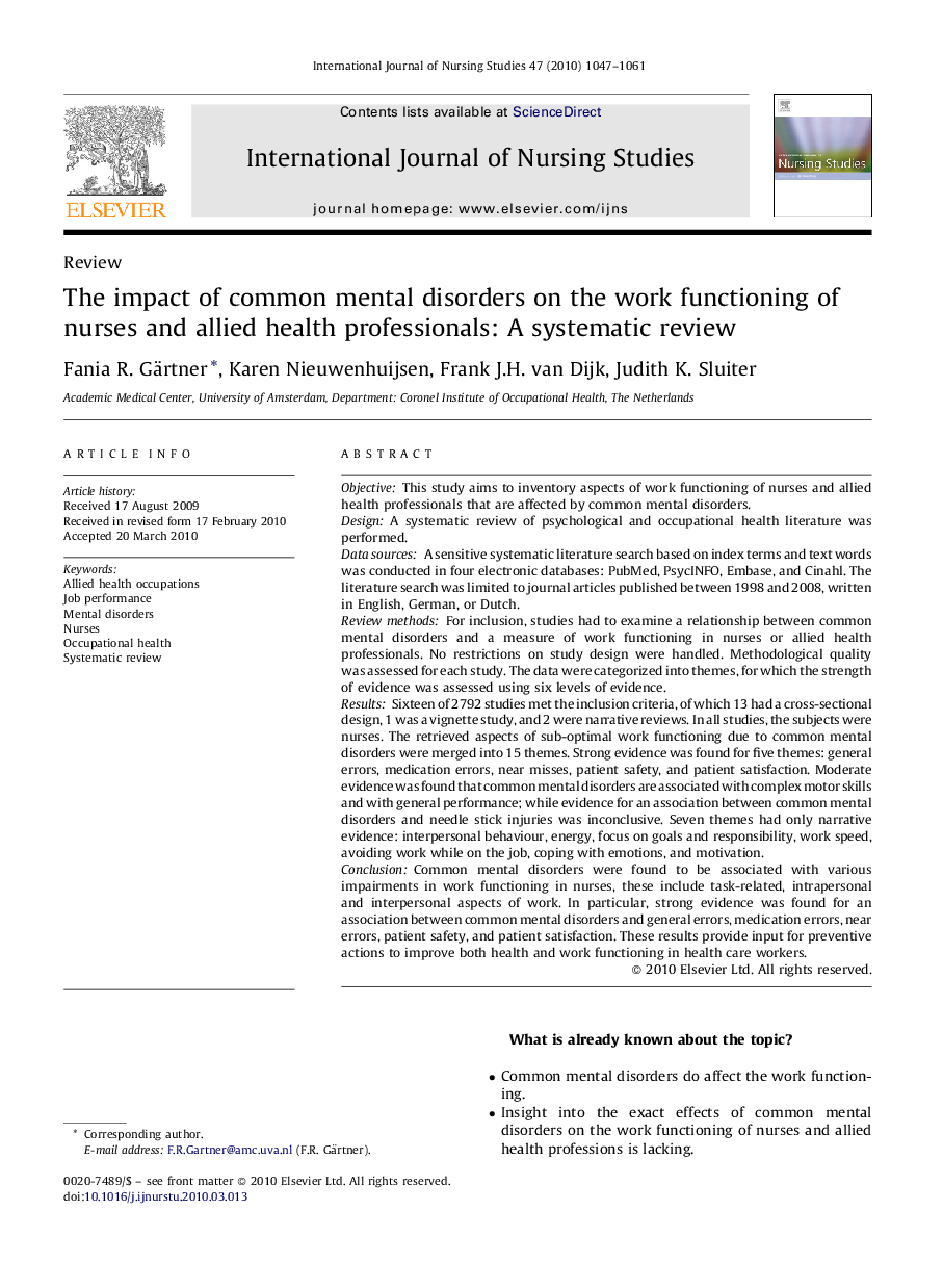 The impact of common mental disorders on the work functioning of nurses and allied health professionals: A systematic review