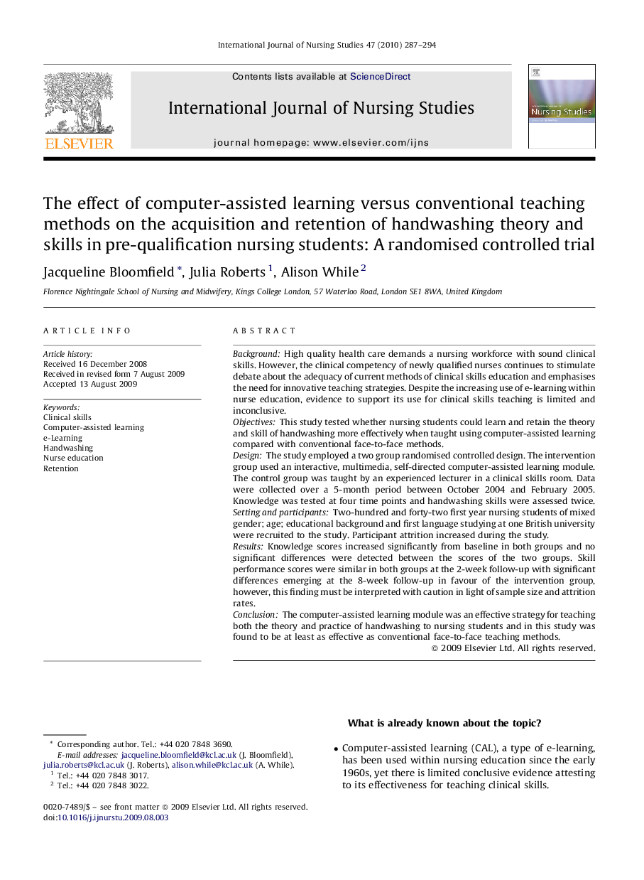 The effect of computer-assisted learning versus conventional teaching methods on the acquisition and retention of handwashing theory and skills in pre-qualification nursing students: A randomised controlled trial