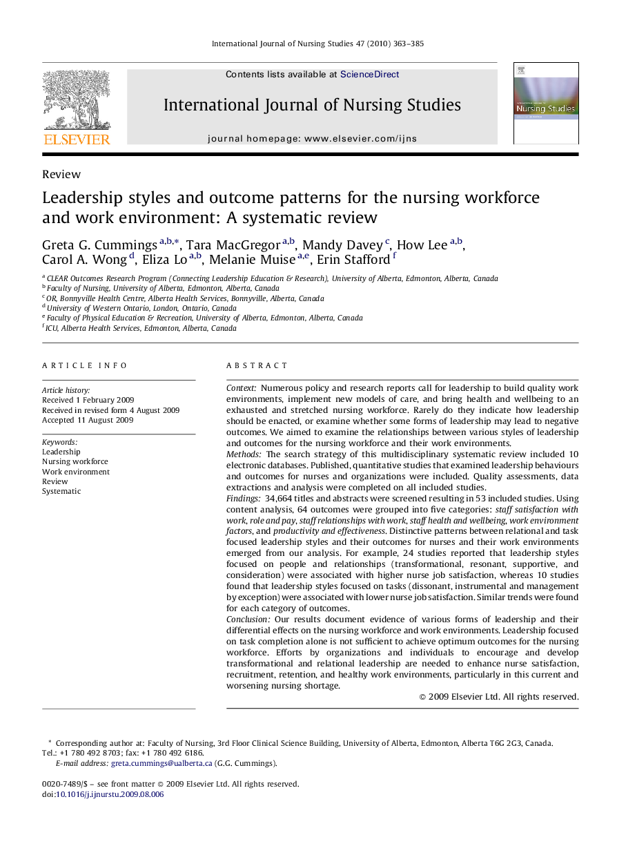 Leadership styles and outcome patterns for the nursing workforce and work environment: A systematic review