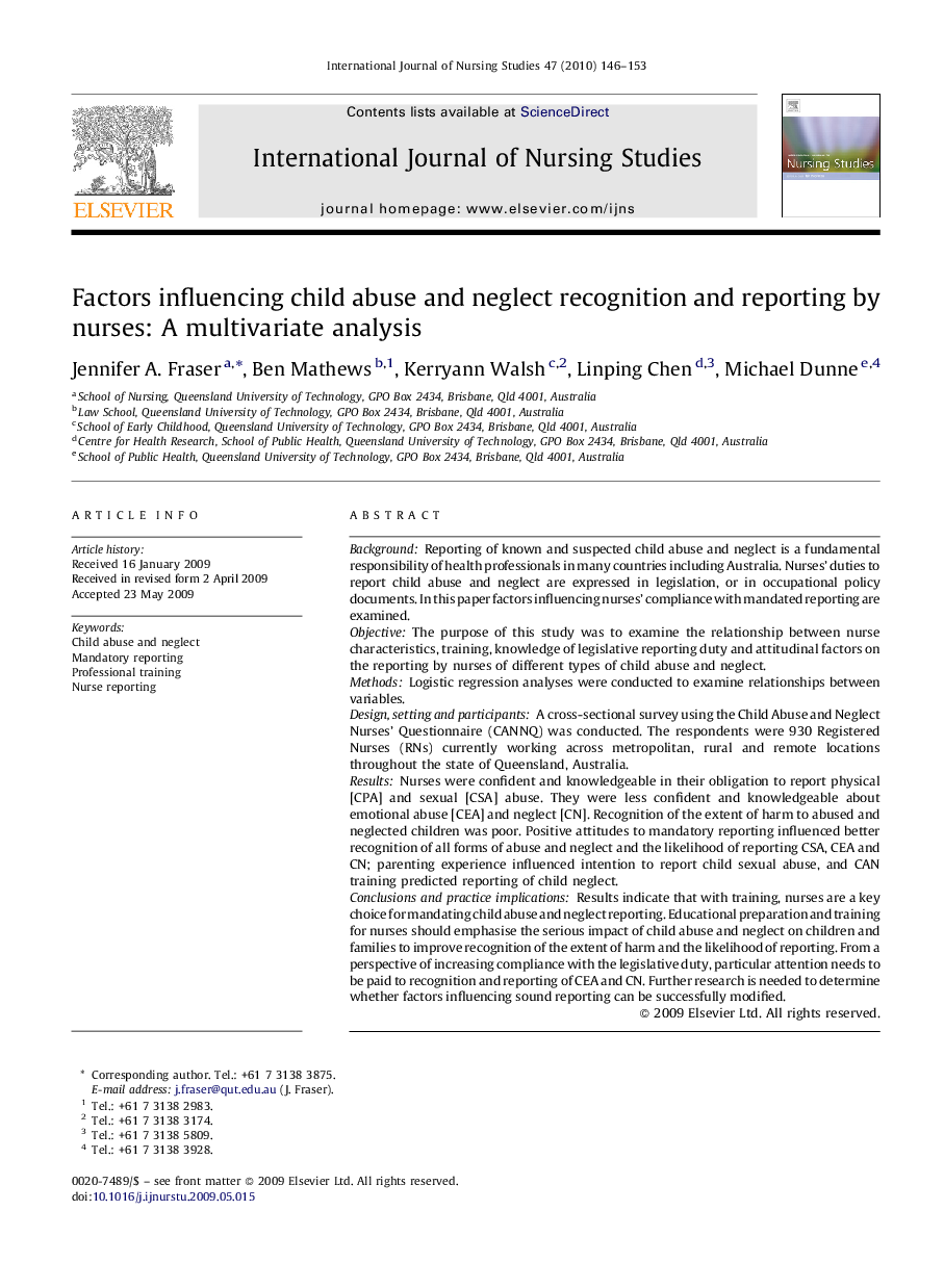 Factors influencing child abuse and neglect recognition and reporting by nurses: A multivariate analysis