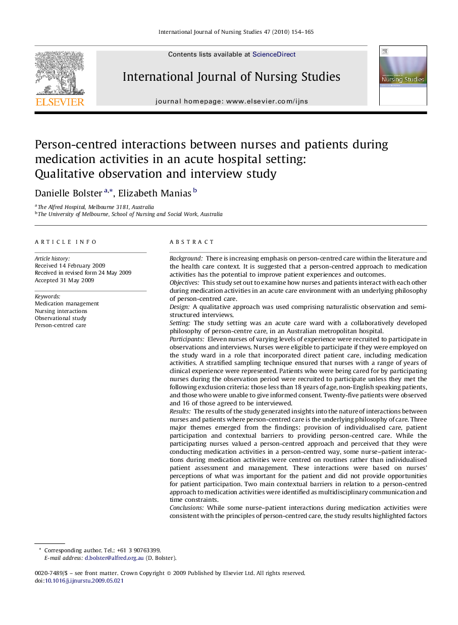 Person-centred interactions between nurses and patients during medication activities in an acute hospital setting: Qualitative observation and interview study