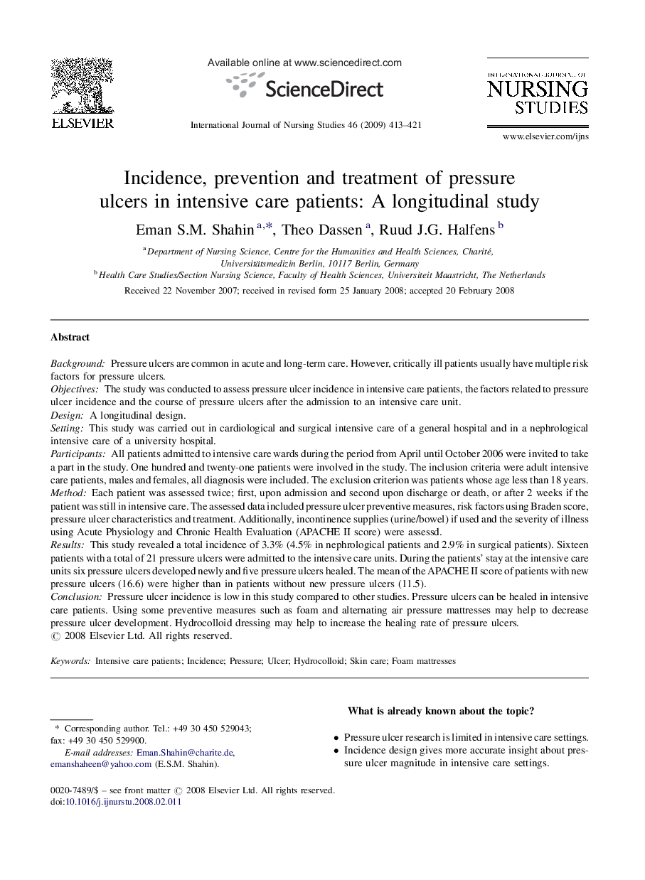 Incidence, prevention and treatment of pressure ulcers in intensive care patients: A longitudinal study