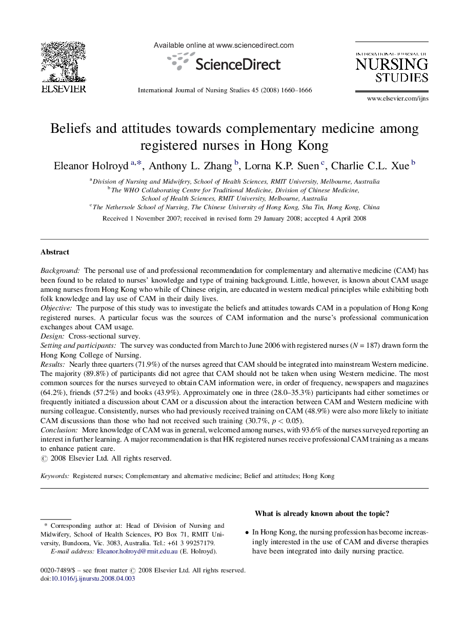 Beliefs and attitudes towards complementary medicine among registered nurses in Hong Kong