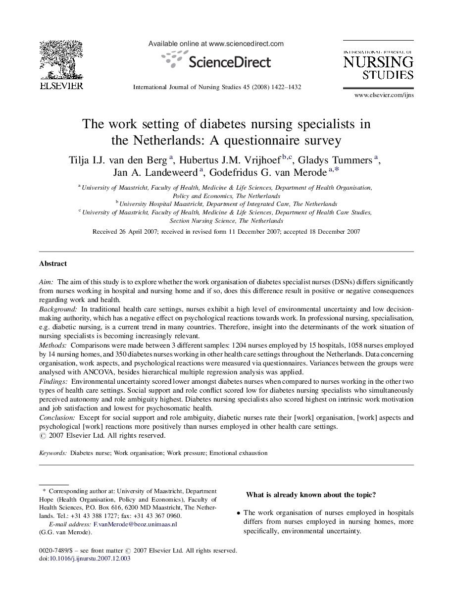 The work setting of diabetes nursing specialists in the Netherlands: A questionnaire survey