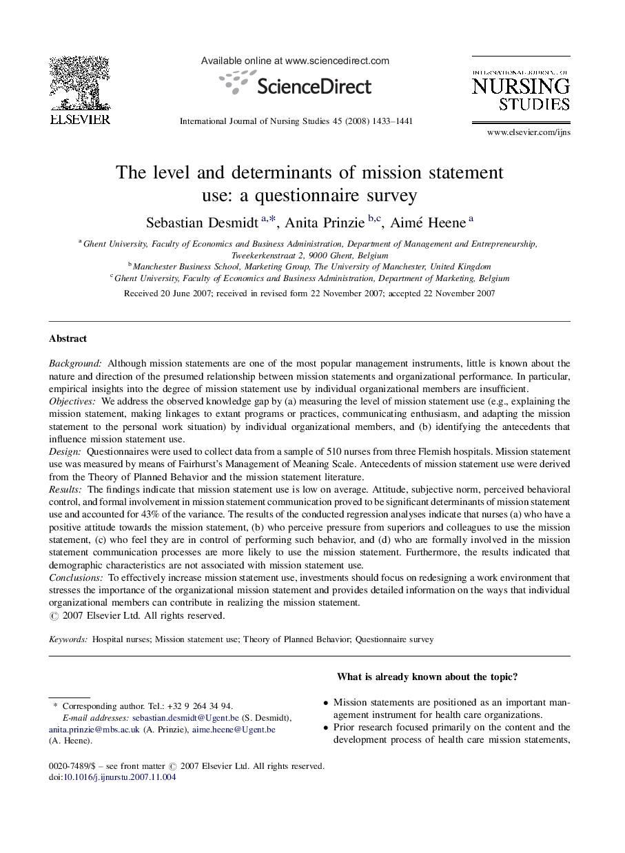 The level and determinants of mission statement use: a questionnaire survey