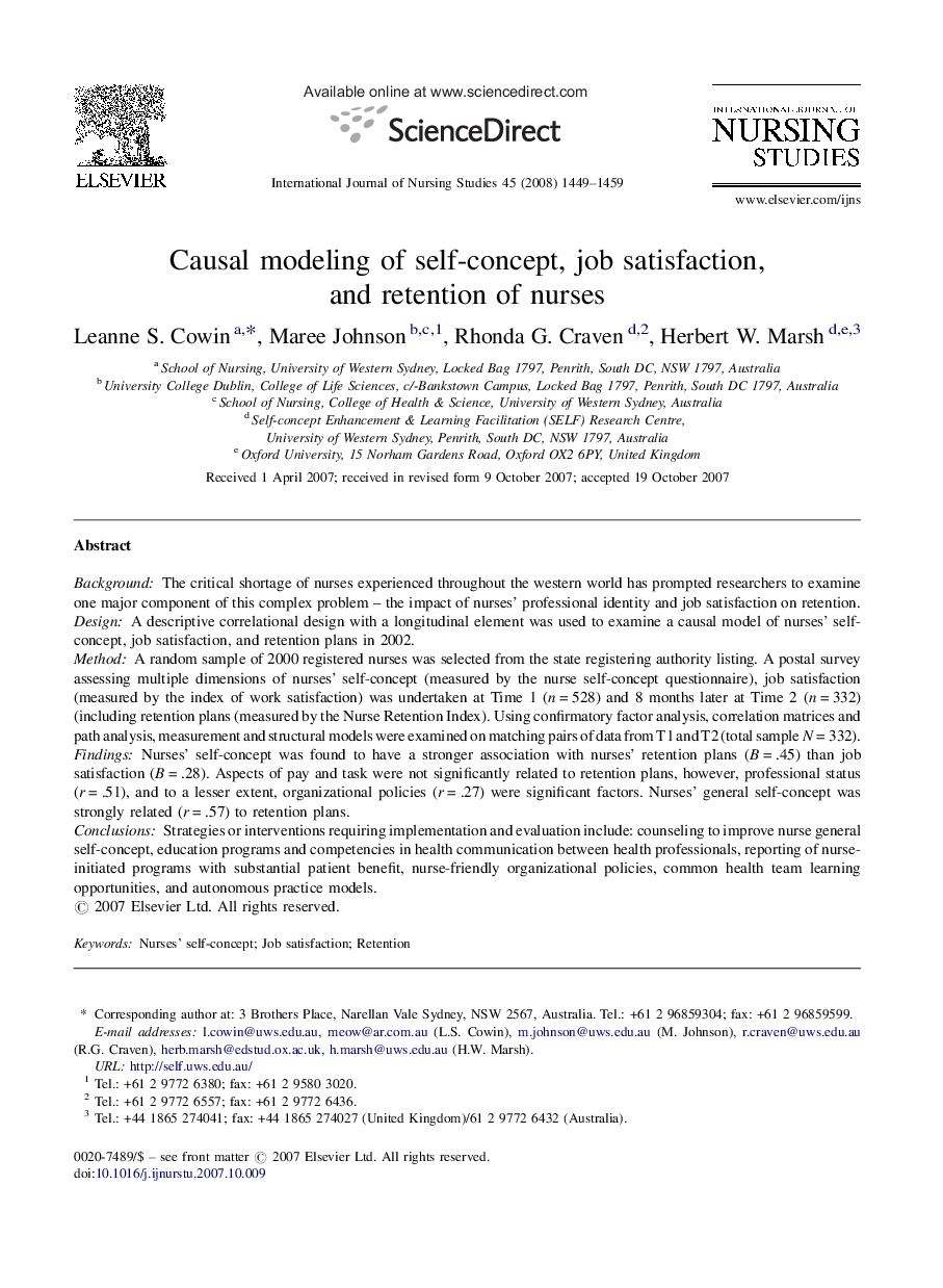 Causal modeling of self-concept, job satisfaction, and retention of nurses