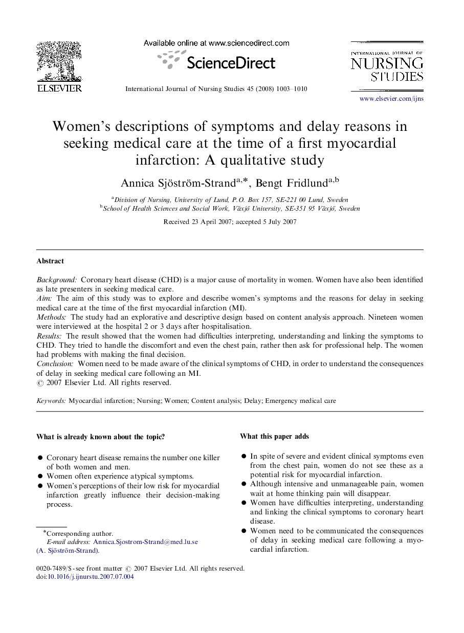 Women's descriptions of symptoms and delay reasons in seeking medical care at the time of a first myocardial infarction: A qualitative study