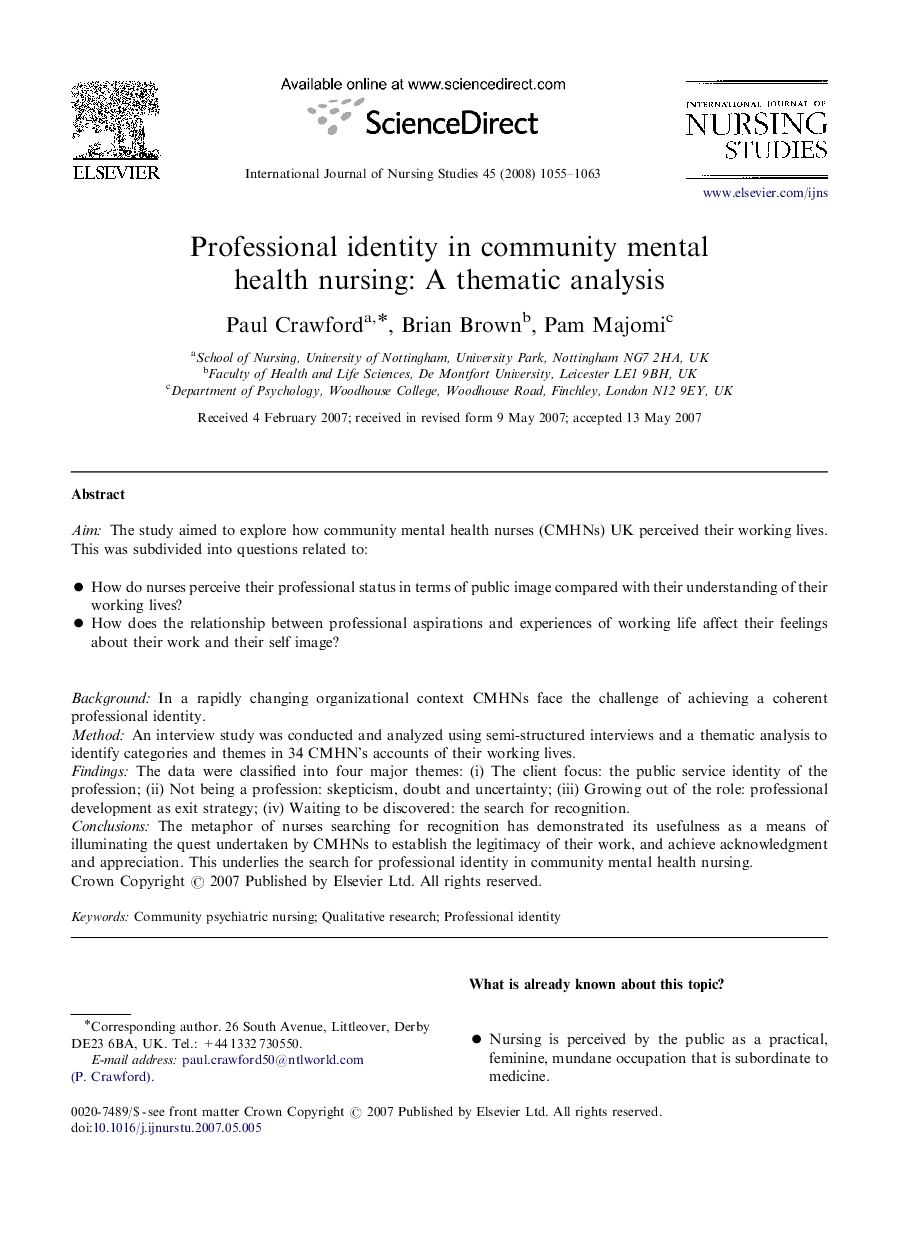 Professional identity in community mental health nursing: A thematic analysis