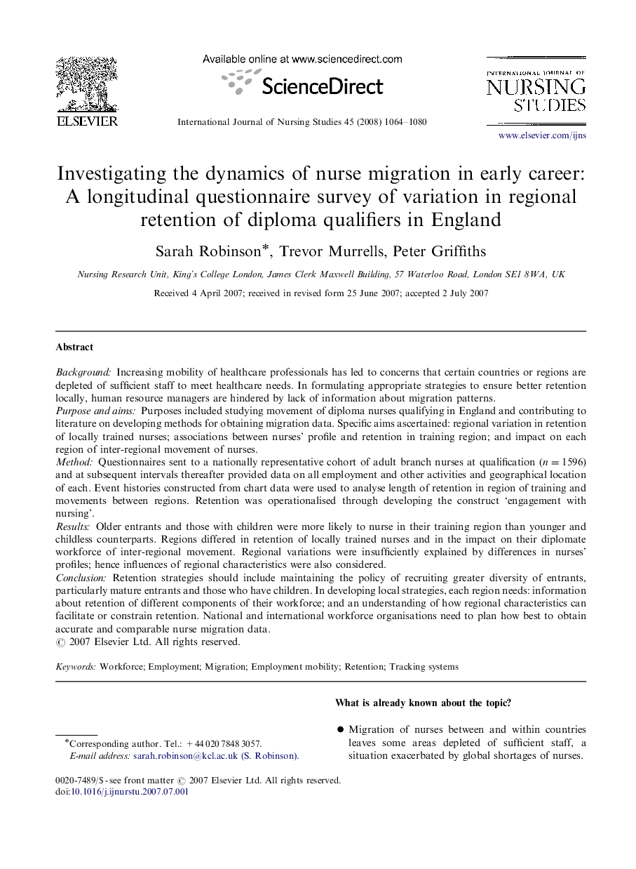 Investigating the dynamics of nurse migration in early career: A longitudinal questionnaire survey of variation in regional retention of diploma qualifiers in England