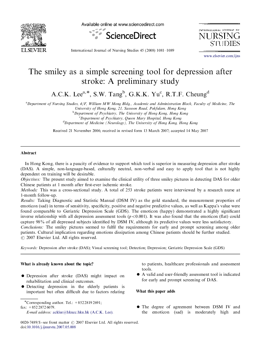 The smiley as a simple screening tool for depression after stroke: A preliminary study