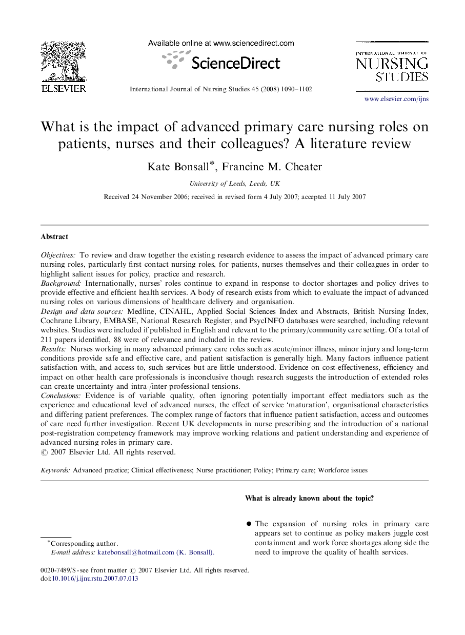 What is the impact of advanced primary care nursing roles on patients, nurses and their colleagues? A literature review