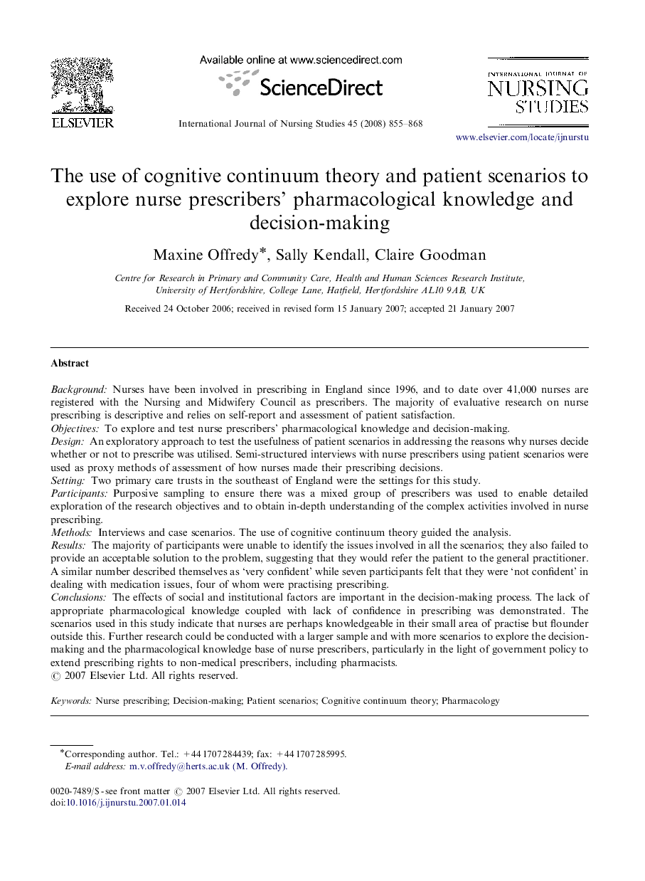 The use of cognitive continuum theory and patient scenarios to explore nurse prescribers’ pharmacological knowledge and decision-making