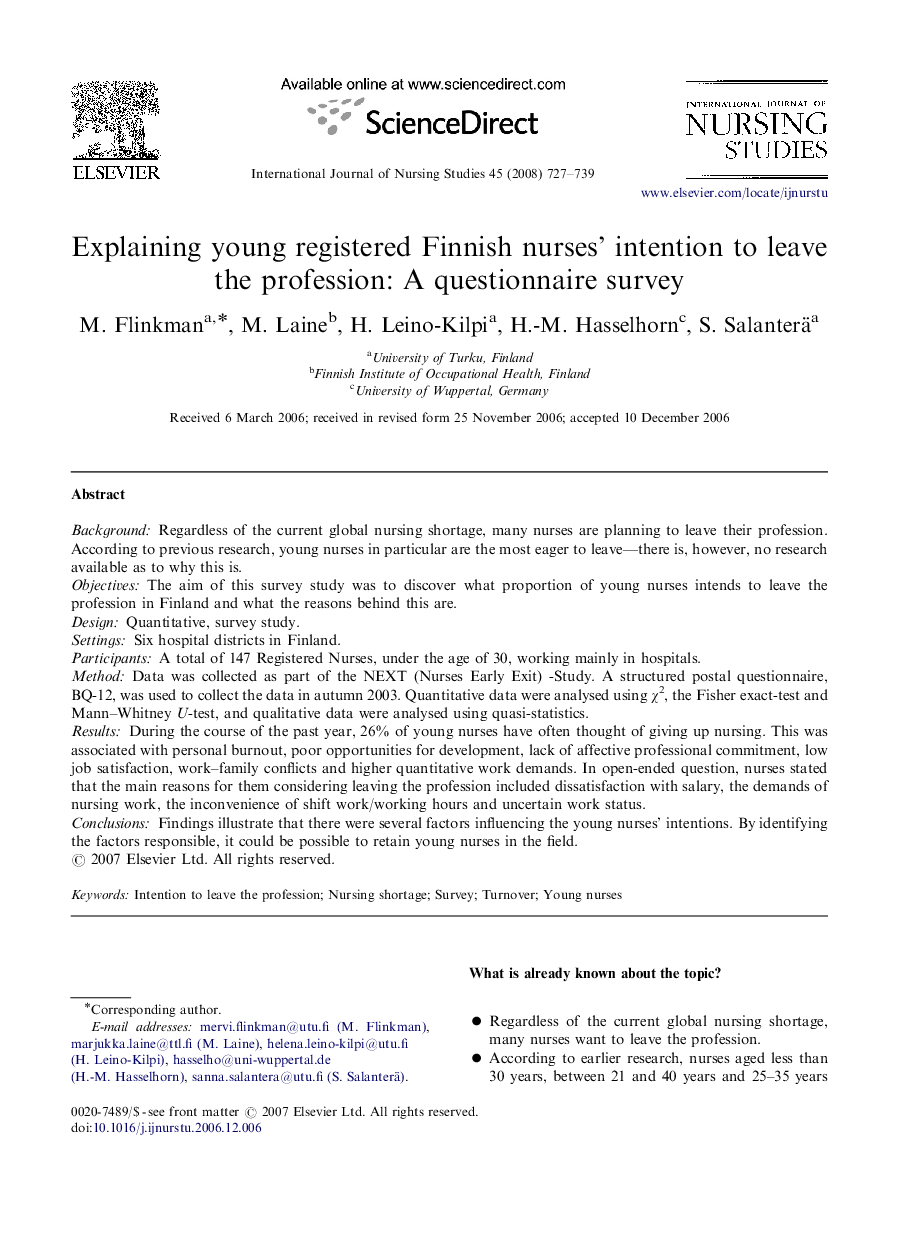 Explaining young registered Finnish nurses’ intention to leave the profession: A questionnaire survey