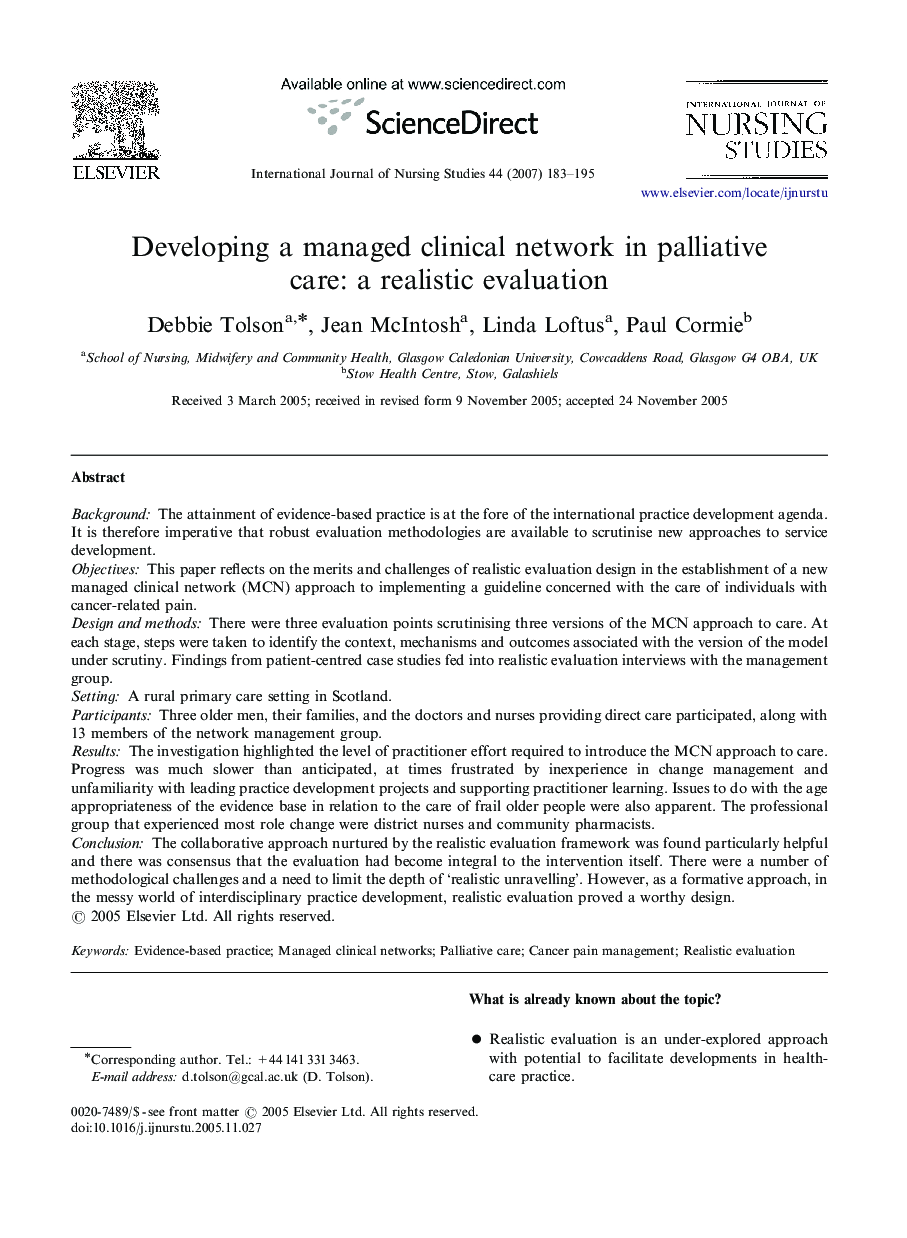 Developing a managed clinical network in palliative care: a realistic evaluation