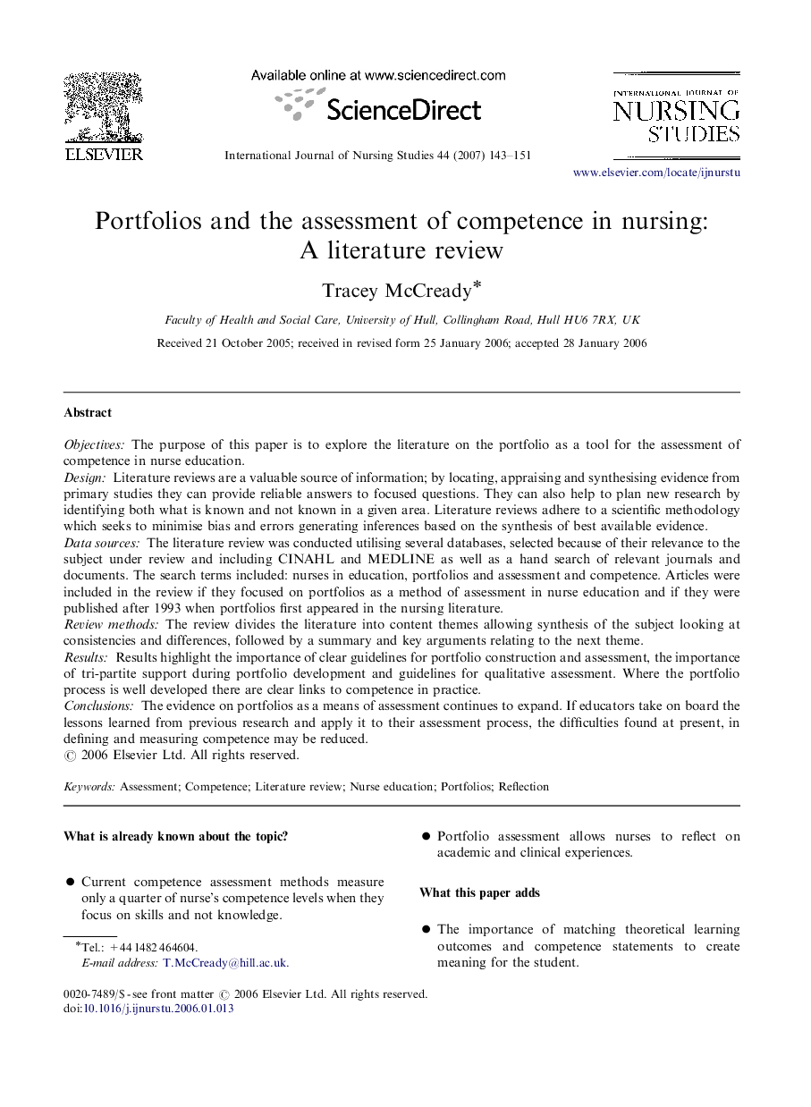 Portfolios and the assessment of competence in nursing: A literature review