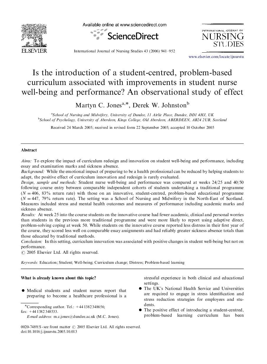 Is the introduction of a student-centred, problem-based curriculum associated with improvements in student nurse well-being and performance? An observational study of effect