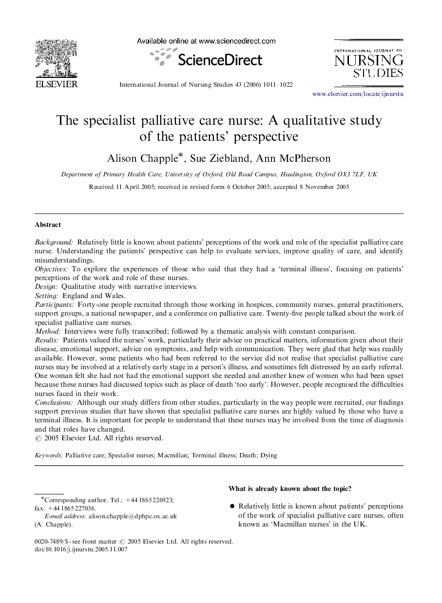 The specialist palliative care nurse: A qualitative study of the patients’ perspective