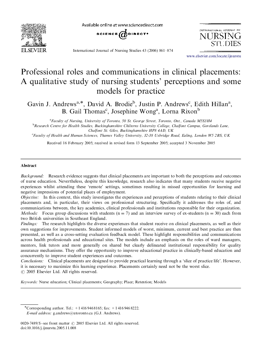 Professional roles and communications in clinical placements: A qualitative study of nursing students’ perceptions and some models for practice