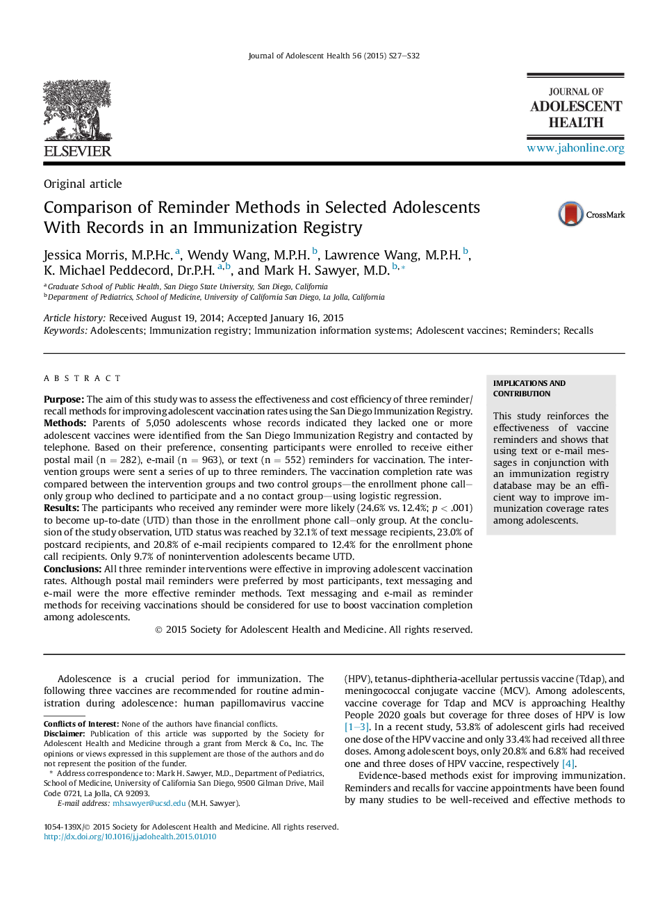 Comparison of Reminder Methods in Selected Adolescents With Records in an Immunization Registry 