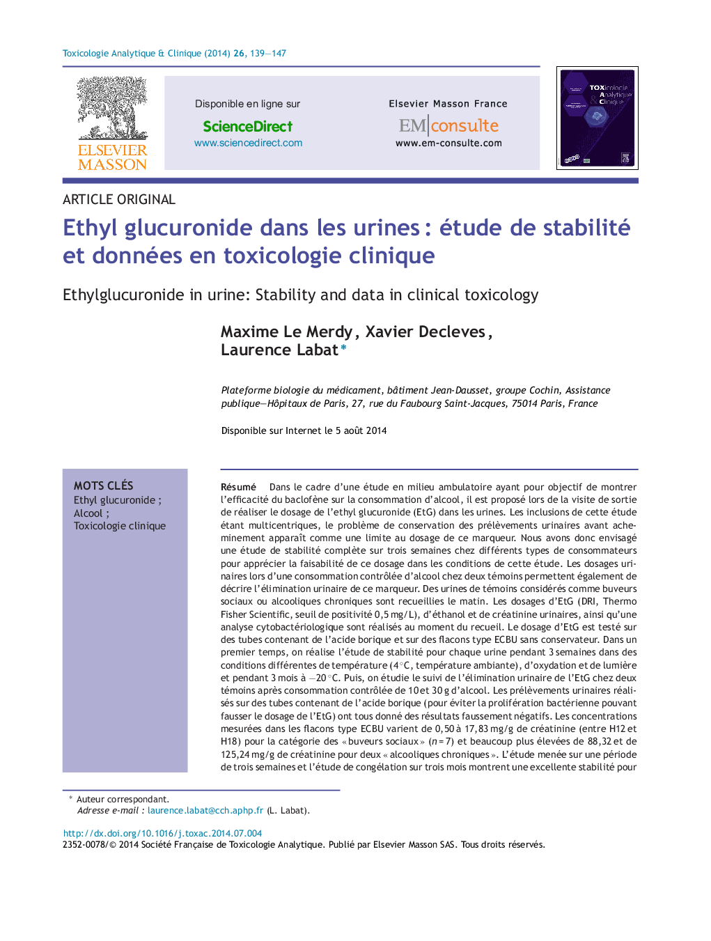 Ethyl glucuronide dans les urinesÂ : étude de stabilité et données en toxicologie clinique