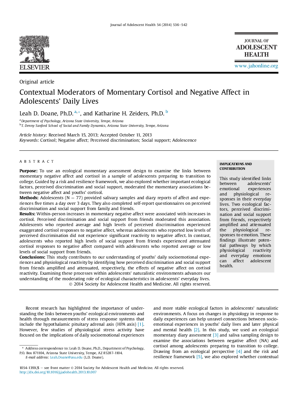 Contextual Moderators of Momentary Cortisol and Negative Affect in Adolescents' Daily Lives