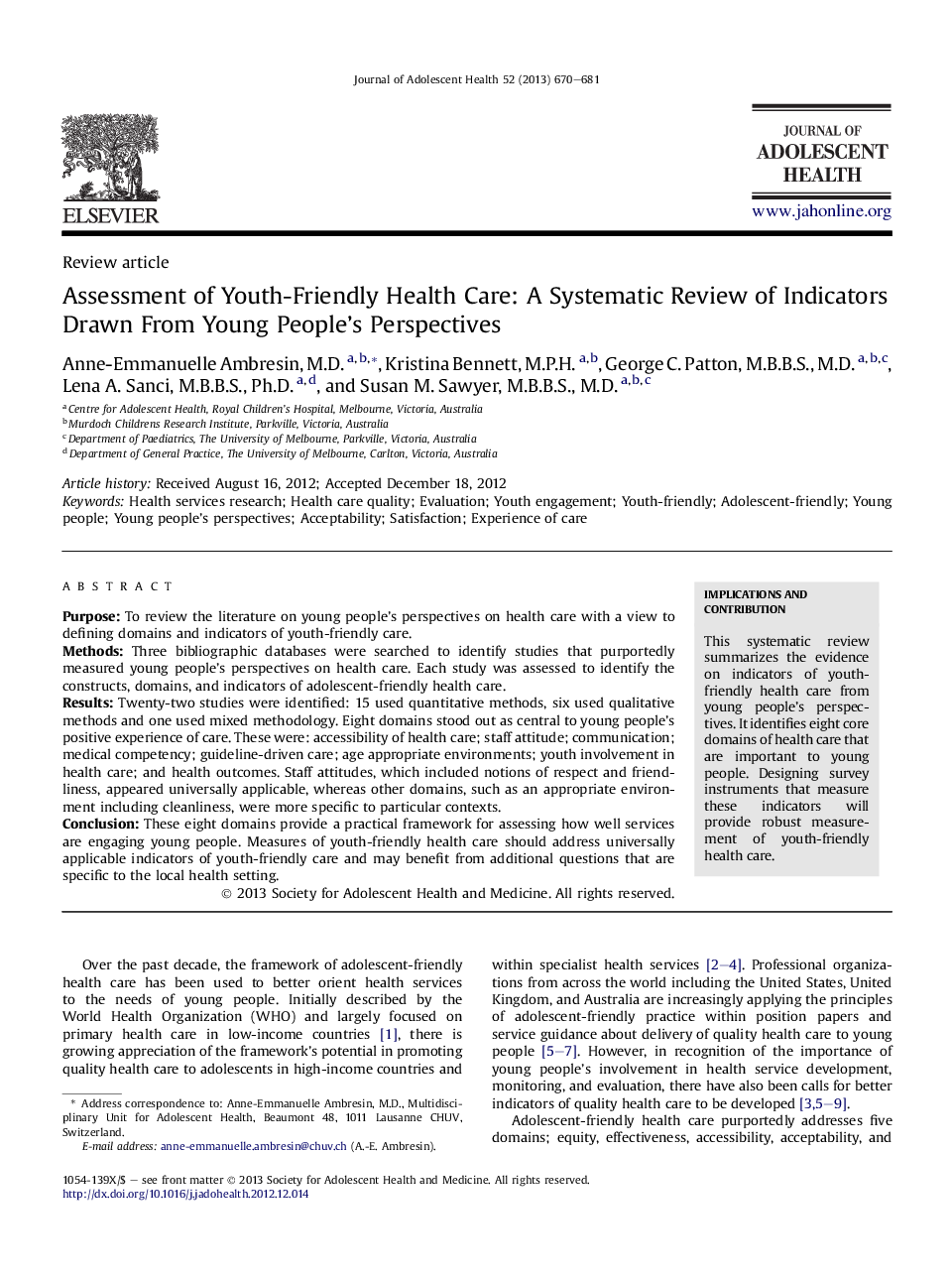 Assessment of Youth-Friendly Health Care: A Systematic Review of Indicators Drawn From Young People's Perspectives