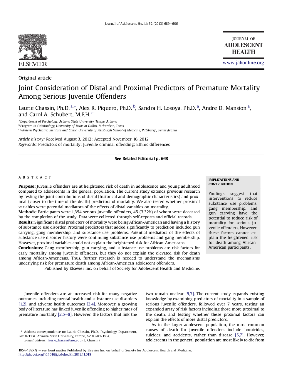 Joint Consideration of Distal and Proximal Predictors of Premature Mortality Among Serious Juvenile Offenders