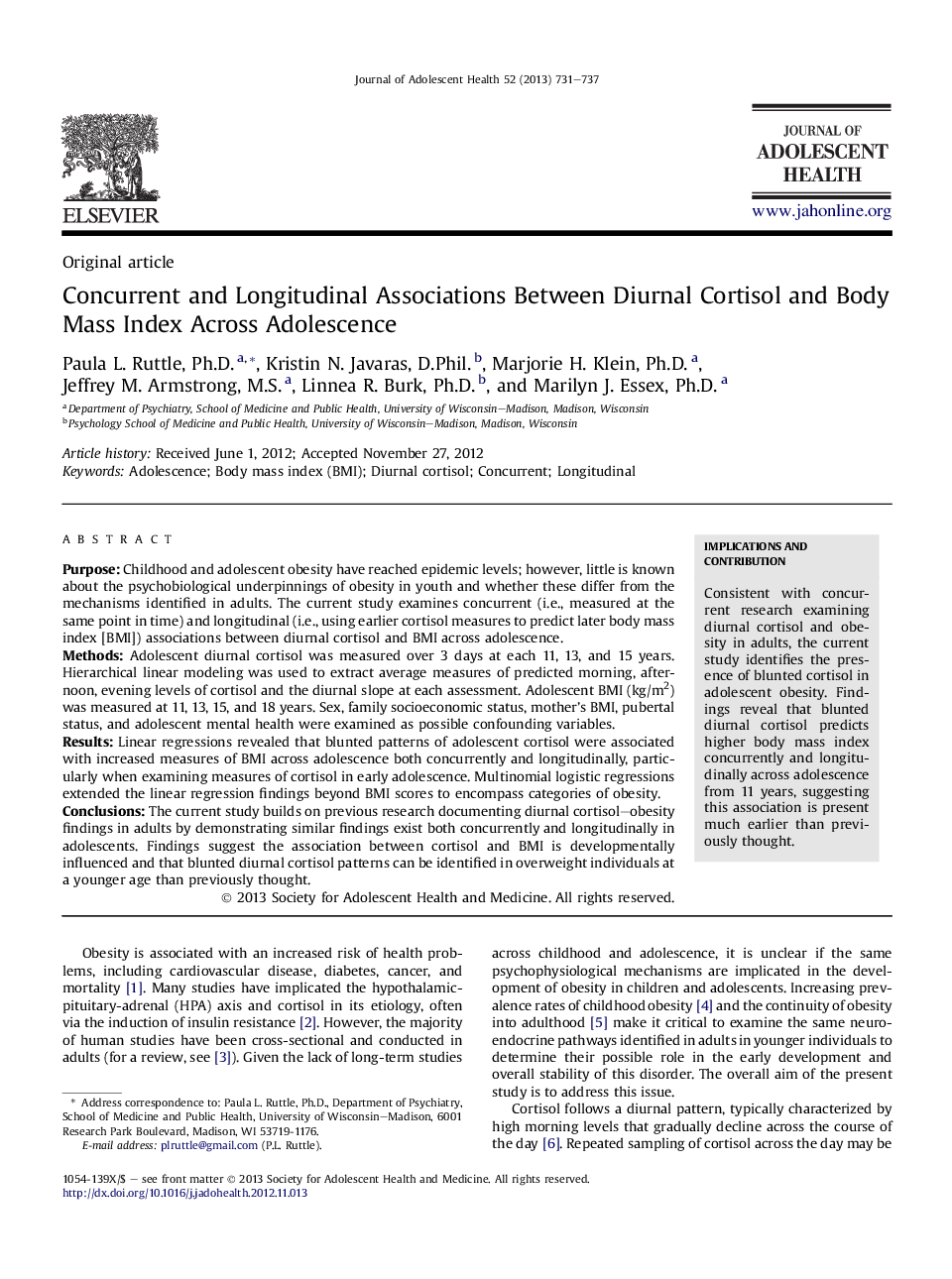 Concurrent and Longitudinal Associations Between Diurnal Cortisol and Body Mass Index Across Adolescence