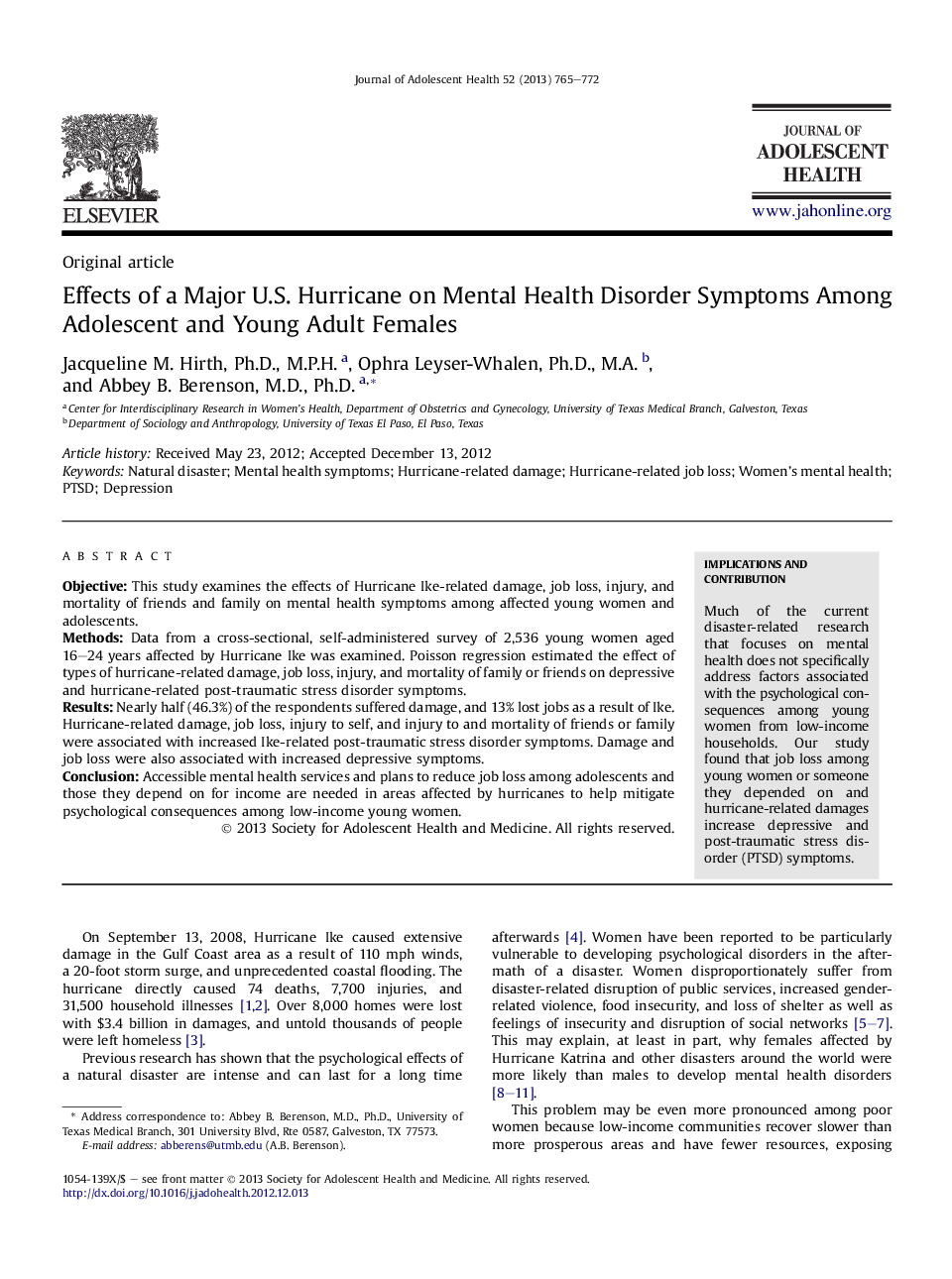 Effects of a Major U.S. Hurricane on Mental Health Disorder Symptoms Among Adolescent and Young Adult Females