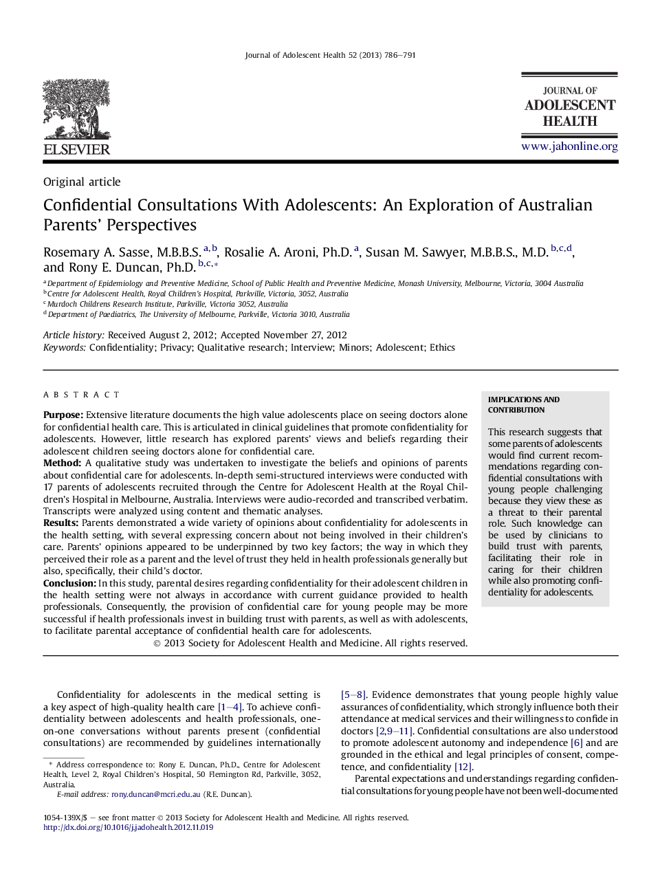 Confidential Consultations With Adolescents: An Exploration of Australian Parents’ Perspectives